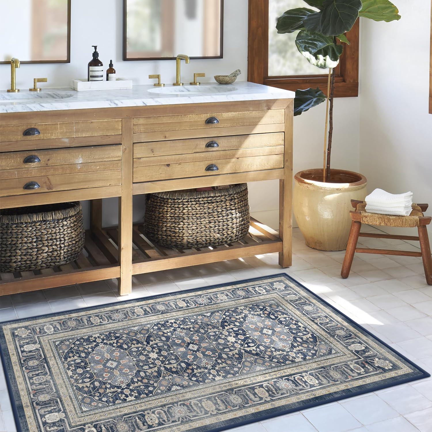 imageRUGGABLE Washable Area Rug Alessia Dark Wood 2x3 StainResistant NonSlip Small Machine Washable Rugs for Living Room Bedroom Hallway Entryway ampamp Bathroomwith Standard PadDusk Blue Standard Pad