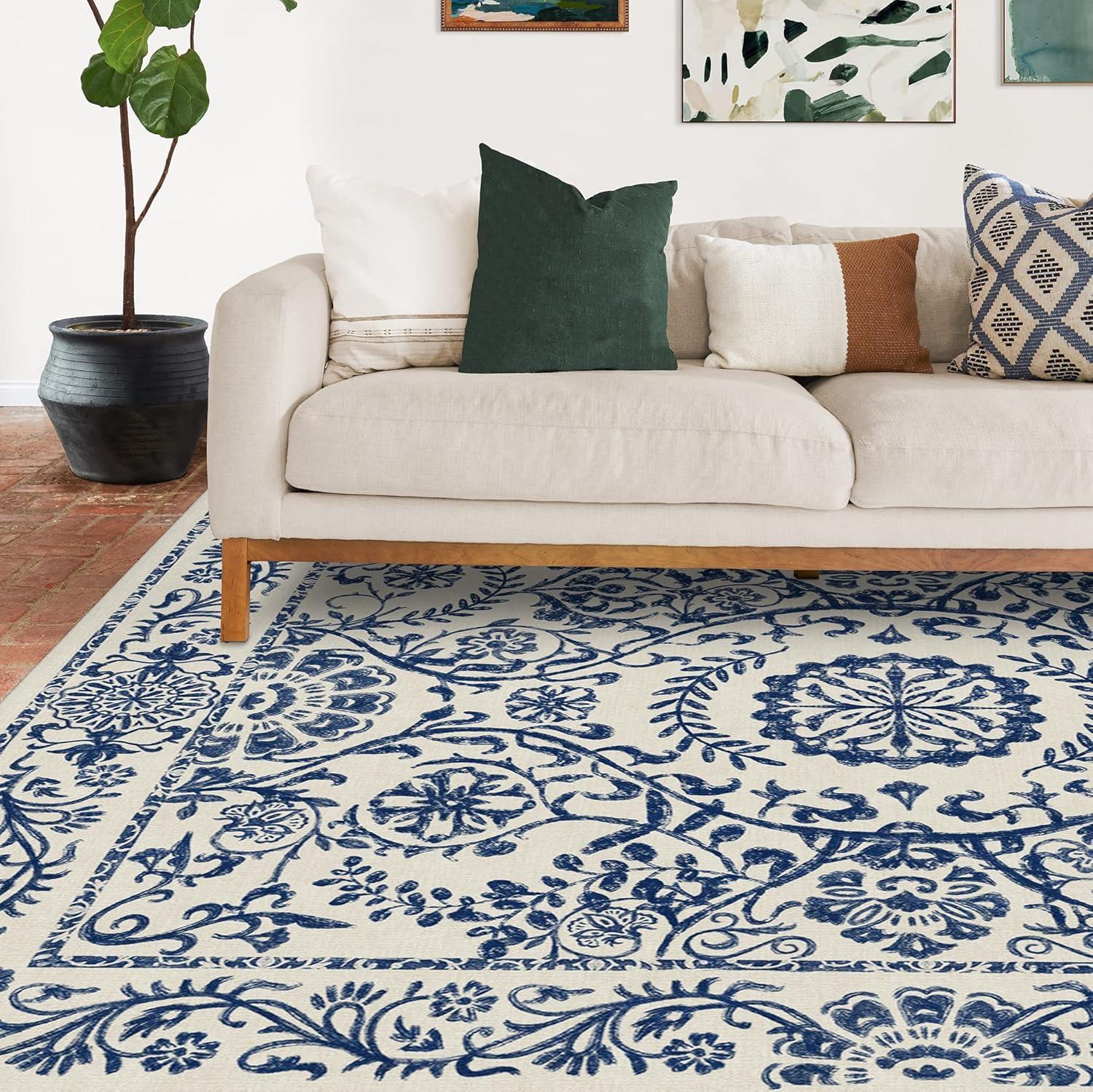 imageRUGGABLE Washable Area Rug Delphina Delft Blue 6x9 StainResistant NonSlip Medium Machine Washable Rugs for Living Room Bedroom Hallway Entryway ampamp Officewith Standard PadDelft Blue Standard Pad