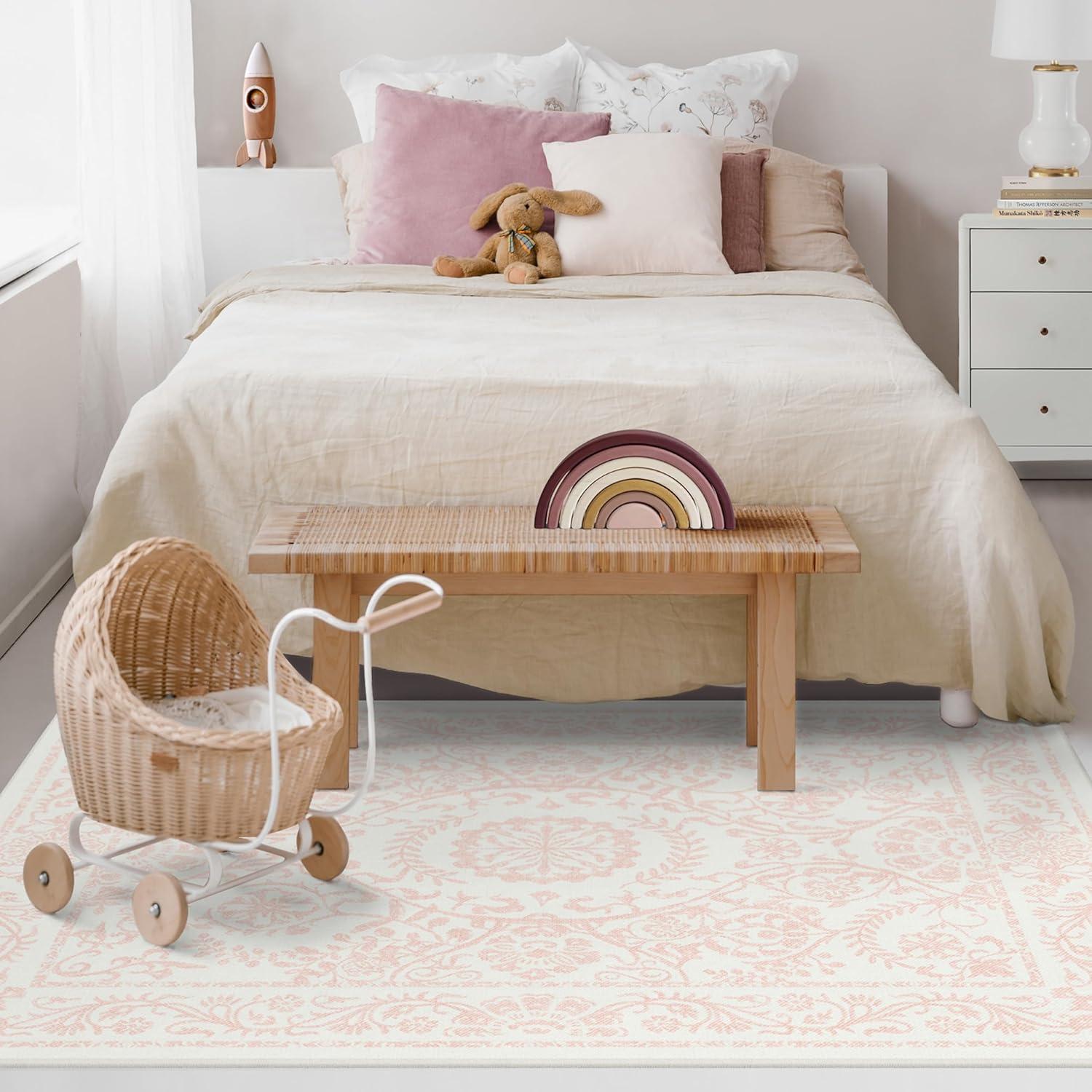 imageRUGGABLE Washable Area Rug Delphina Delft Blue 6x9 StainResistant NonSlip Medium Machine Washable Rugs for Living Room Bedroom Hallway Entryway ampamp Officewith Standard PadPowder Pink Standard Pad