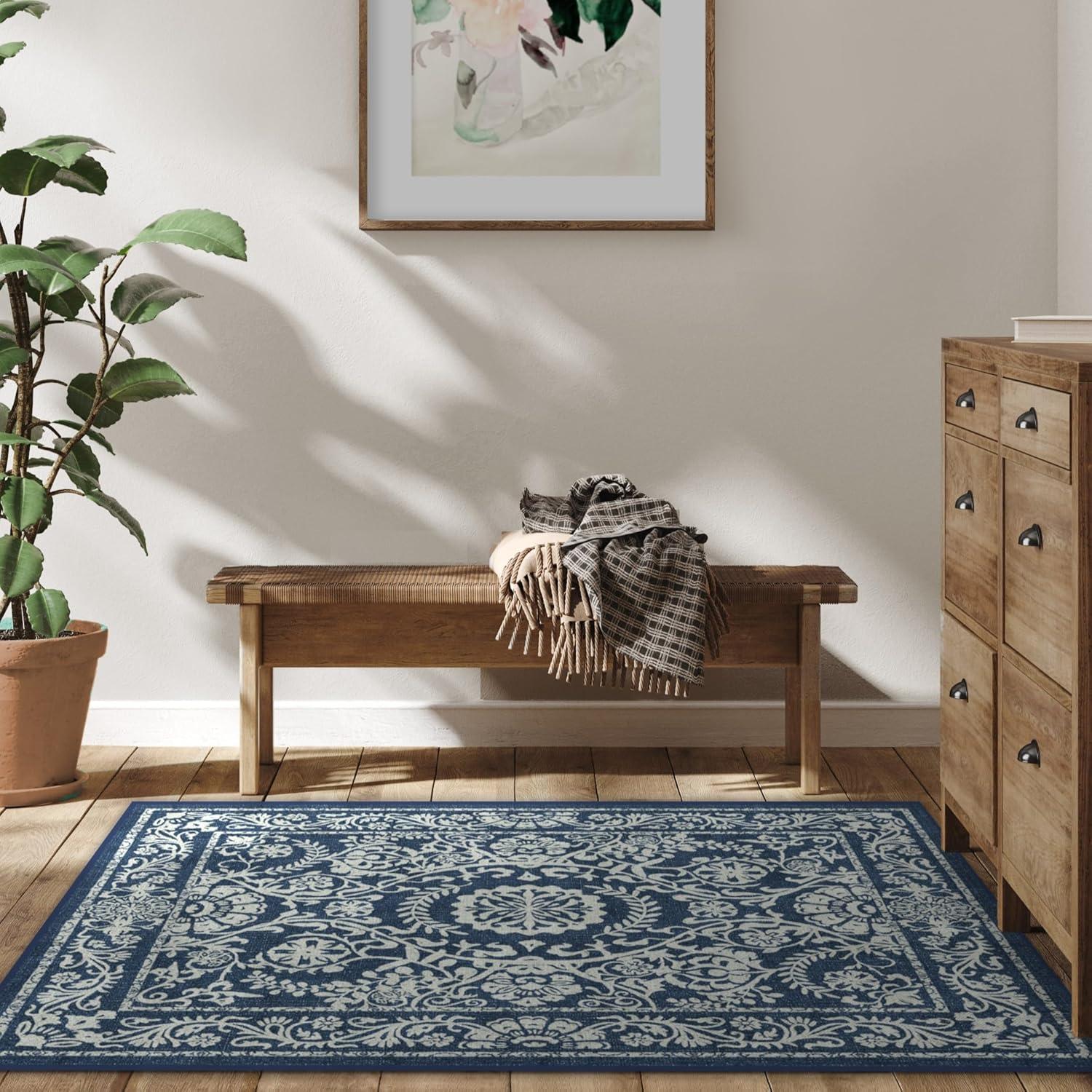 imageRUGGABLE Washable Area Rug Delphina Delft Blue 6x9 StainResistant NonSlip Medium Machine Washable Rugs for Living Room Bedroom Hallway Entryway ampamp Officewith Standard PadNavy Blue Standard Pad