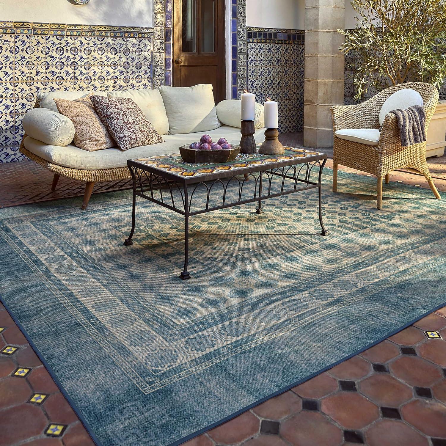 imageRUGGABLE Washable Area Rug Outdoor Allura Copper Sage 5x7 StainResistant NonSlip Medium Machine Washable Rugs for Entryway Patio Balcony Deck ampamp Porchwith Standard PadCyrus Ocean Ivory Outdoor Standard Pad