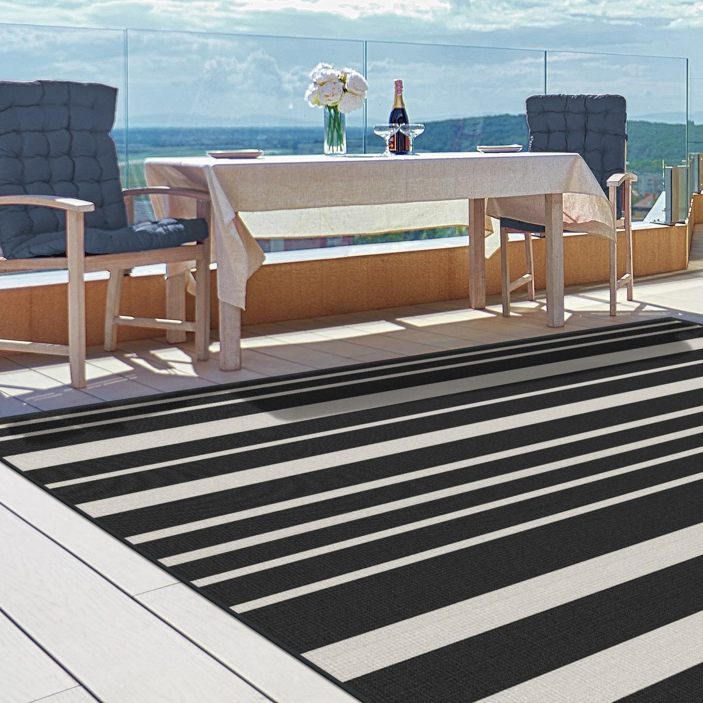 imageRUGGABLE Washable Area Rug Outdoor Gingham Plaid Black ampamp White 3x5 StainResistant NonSlip Small Machine Washable Rugs for Entryway Patio Balcony Deck ampamp Porchwith Standard PadSailmaker Stripe Black Standard Pad