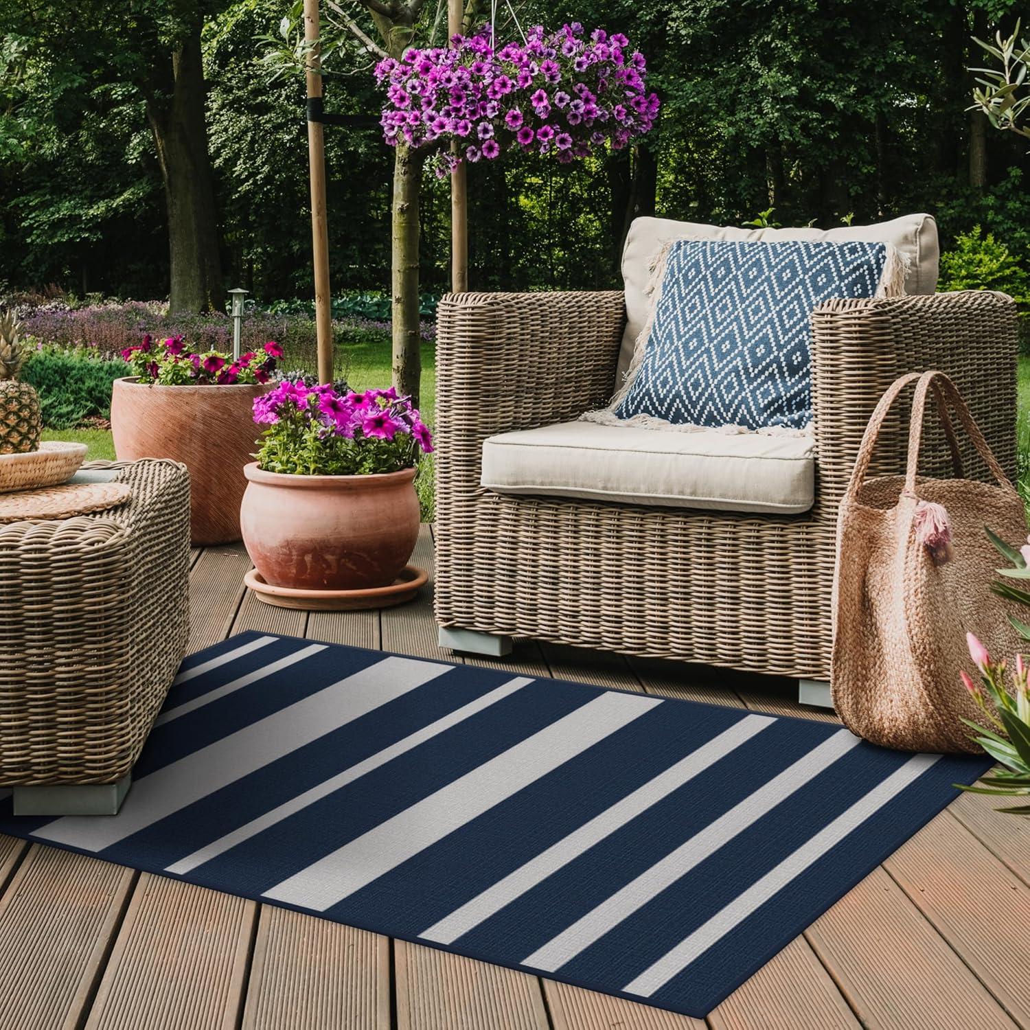 imageRUGGABLE Washable Area Rug Outdoor Gingham Plaid Black ampamp White 3x5 StainResistant NonSlip Small Machine Washable Rugs for Entryway Patio Balcony Deck ampamp Porchwith Standard PadSailmaker Stripe Blue Standard Pad