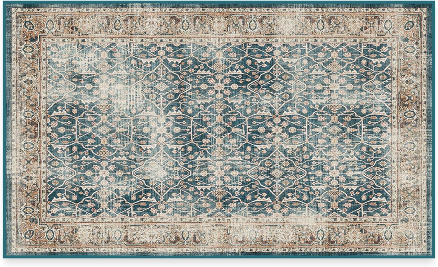 imageRUGGABLE Washable Vintage Area Rug  Celestine Coral 3x5 StainResistant NonSlip  Small Machine Washable Rugs for Living Room Bedroom Hallway Entryway ampamp Officewith Standard PadTeal Blue  Standard Pad