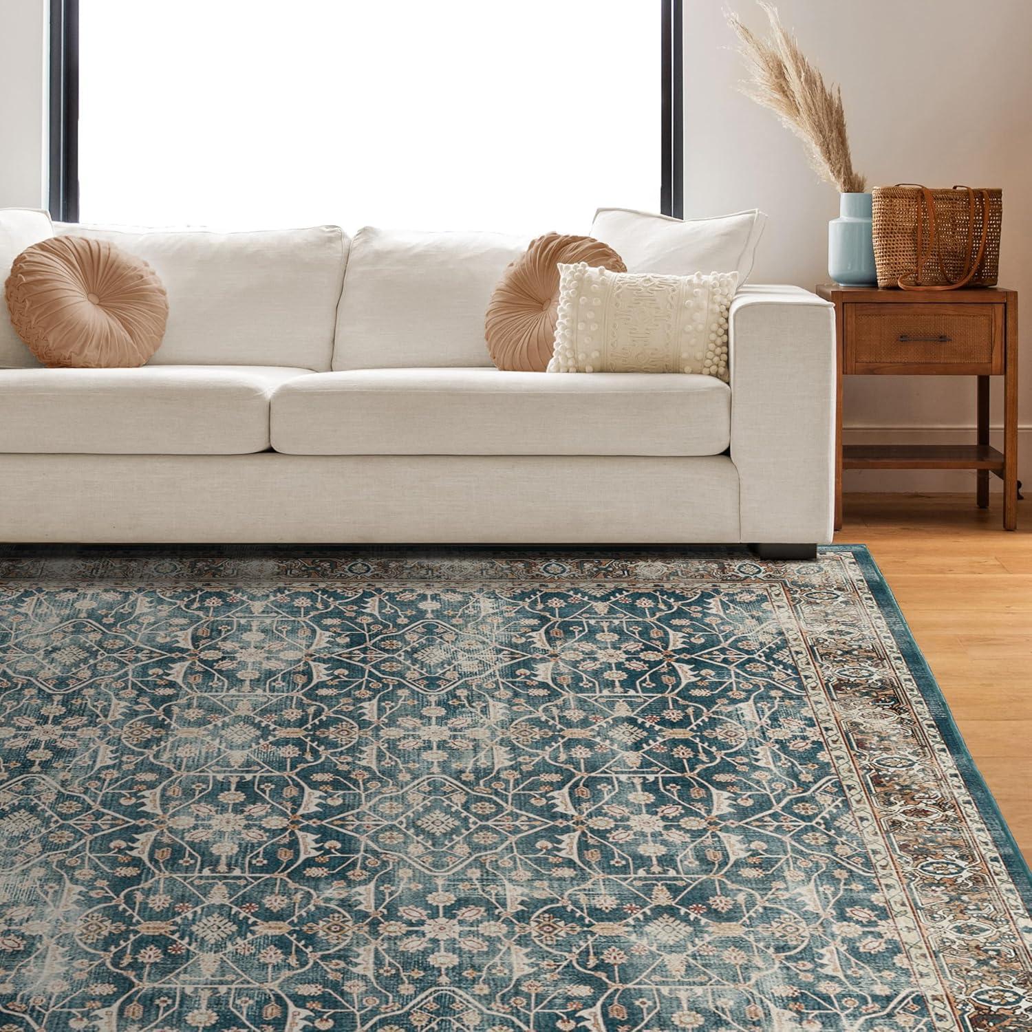 imageRUGGABLE Washable Vintage Area Rug  Celestine Coral 3x5 StainResistant NonSlip  Small Machine Washable Rugs for Living Room Bedroom Hallway Entryway ampamp Officewith Standard PadTeal Blue  Standard Pad