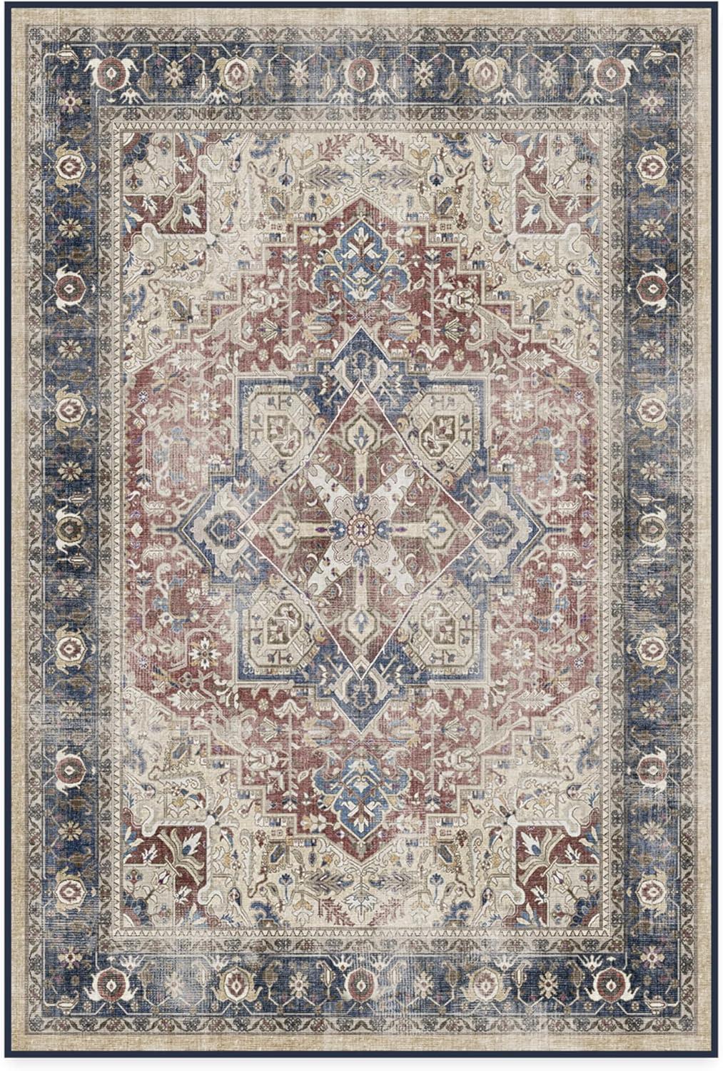imageRUGGABLE Washable Vintage Area Rug Kamran Hazel 3x5 StainResistant NonSlip Small Machine Washable Rugs for Living Room Bedroom Hallway Entryway ampamp Officewith Standard PadBlue Royal Kamran Cushioned Pad