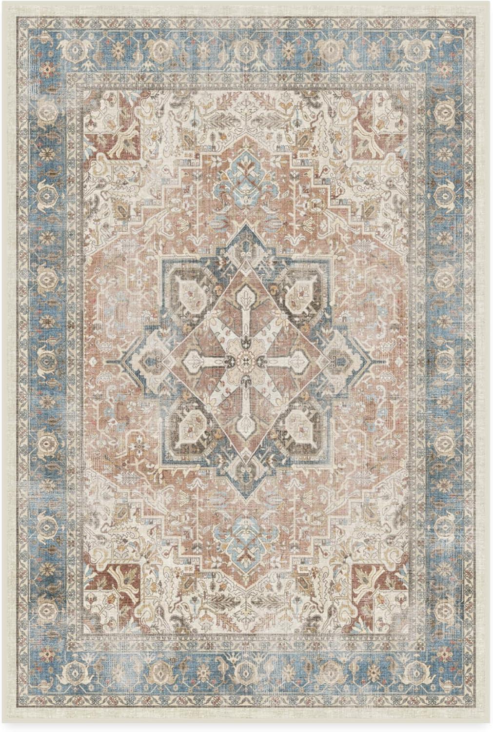imageRUGGABLE Washable Vintage Area Rug Kamran Hazel 3x5 StainResistant NonSlip Small Machine Washable Rugs for Living Room Bedroom Hallway Entryway ampamp Officewith Standard PadCoral Kamran Standard Pad