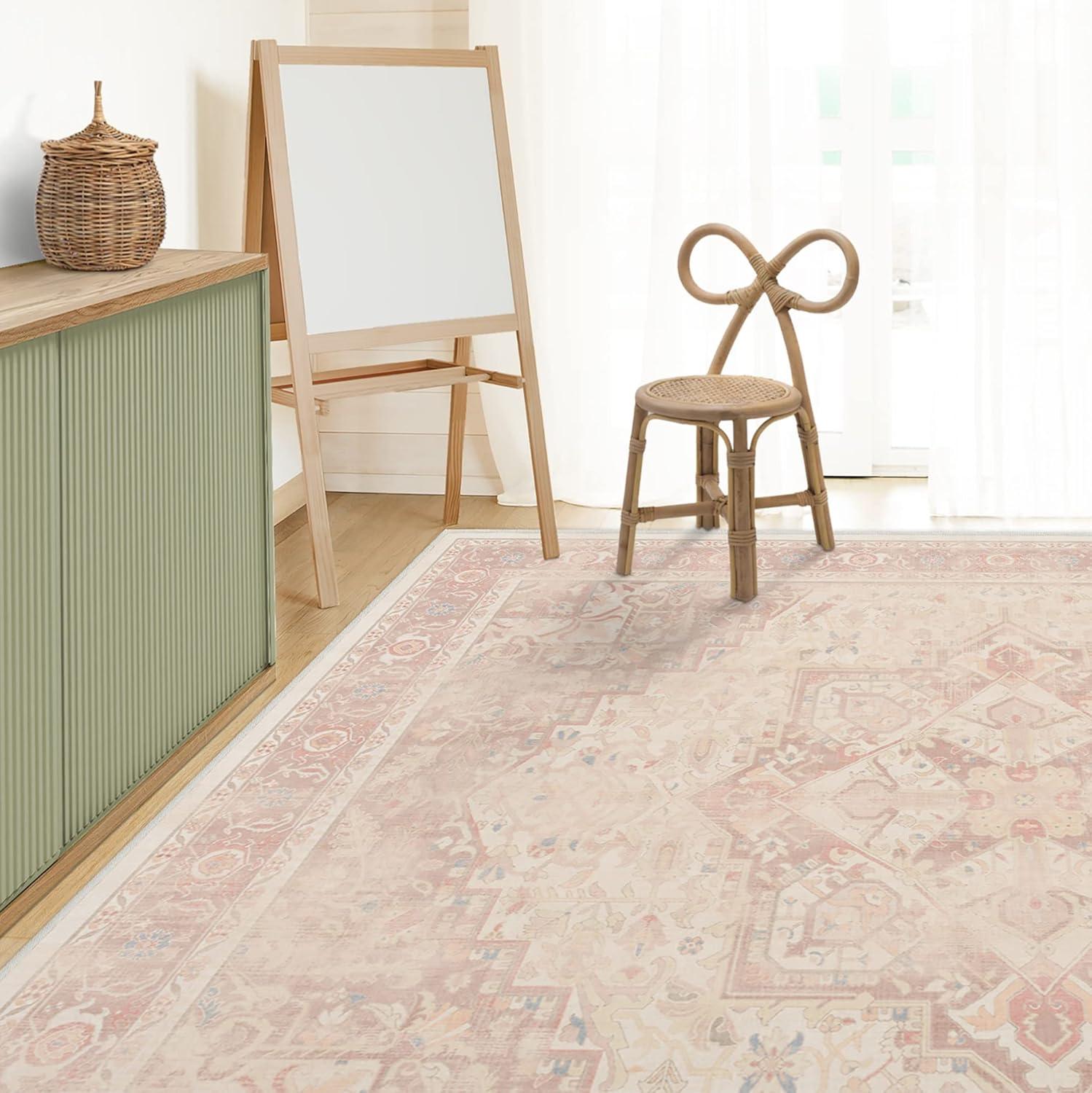 imageRUGGABLE Washable Vintage Area Rug Kamran Hazel 3x5 StainResistant NonSlip Small Machine Washable Rugs for Living Room Bedroom Hallway Entryway ampamp Officewith Standard PadPink Kamran Standard Pad