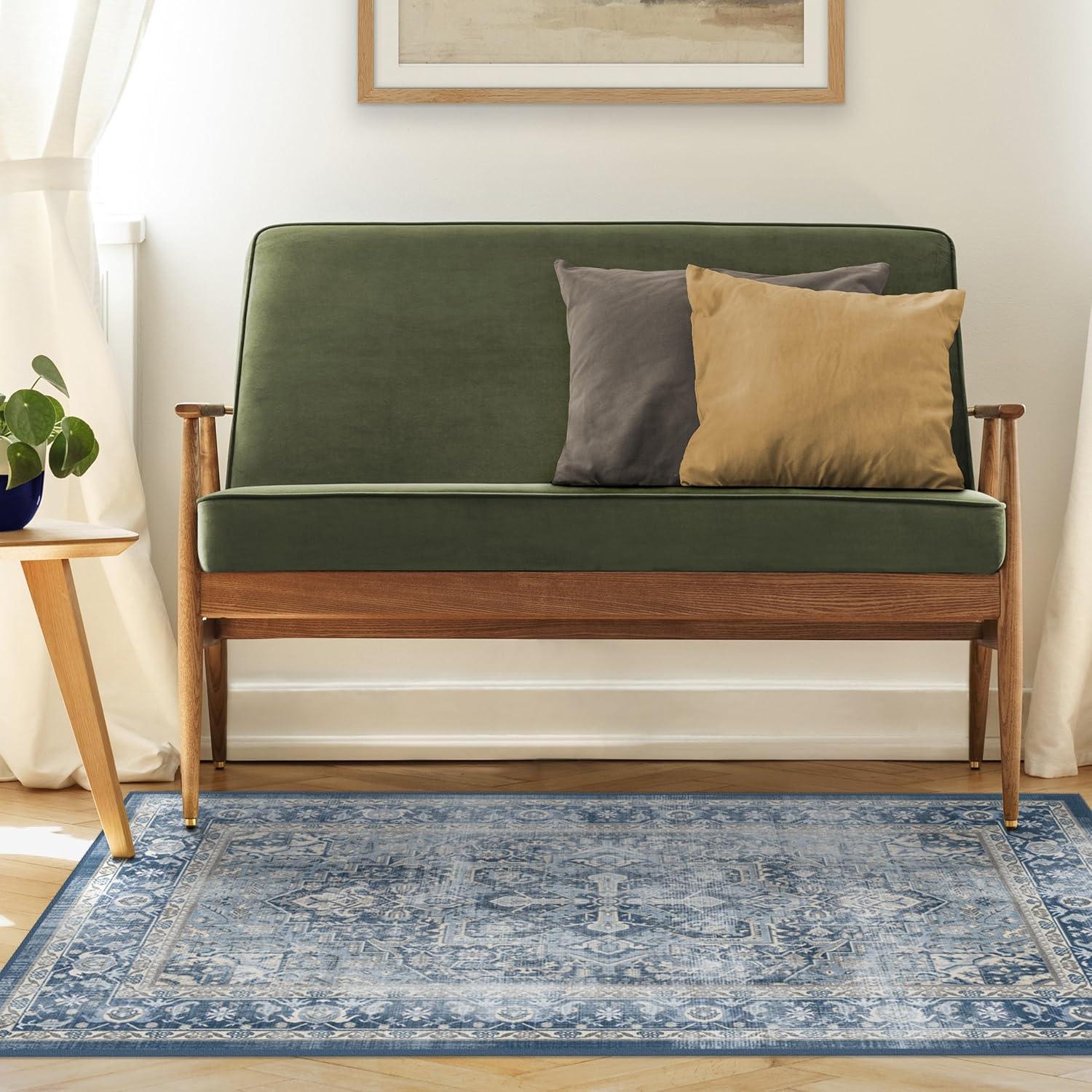 imageRUGGABLE Washable Vintage Area Rug Kamran Hazel 3x5 StainResistant NonSlip Small Machine Washable Rugs for Living Room Bedroom Hallway Entryway ampamp Officewith Standard PadBlue Admiral Kamran Cushioned Pad