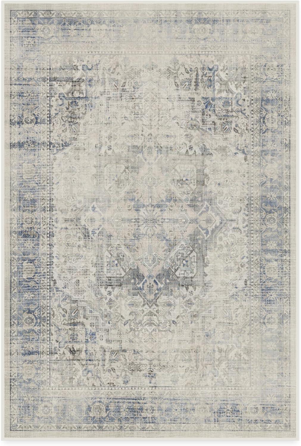 imageRUGGABLE Washable Vintage Area Rug Kamran Hazel 3x5 StainResistant NonSlip Small Machine Washable Rugs for Living Room Bedroom Hallway Entryway ampamp Officewith Standard PadBlue Quartz Distressed Kamran Standard Pad