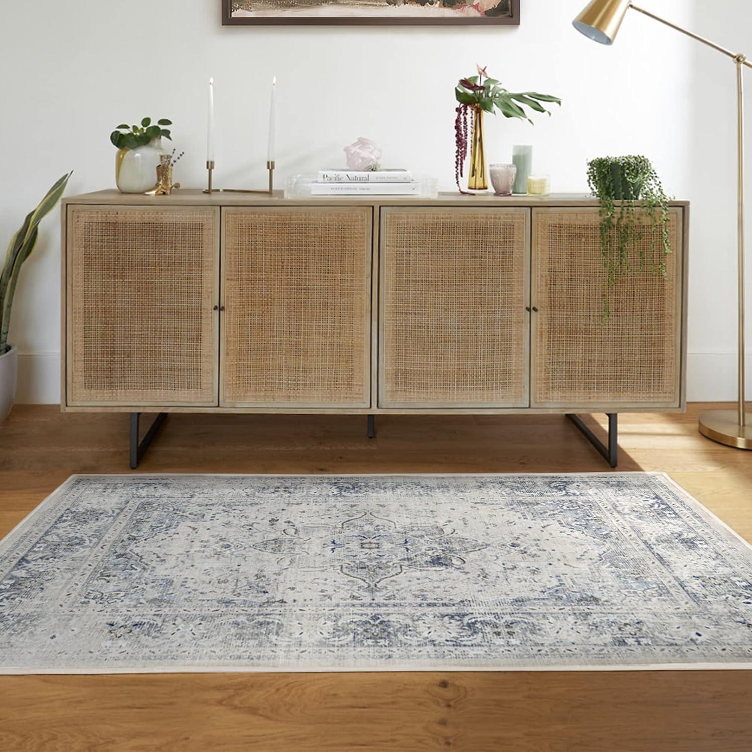 imageRUGGABLE Washable Vintage Area Rug Kamran Hazel 3x5 StainResistant NonSlip Small Machine Washable Rugs for Living Room Bedroom Hallway Entryway ampamp Officewith Standard PadBlue Quartz Sarrah Cushioned Pad
