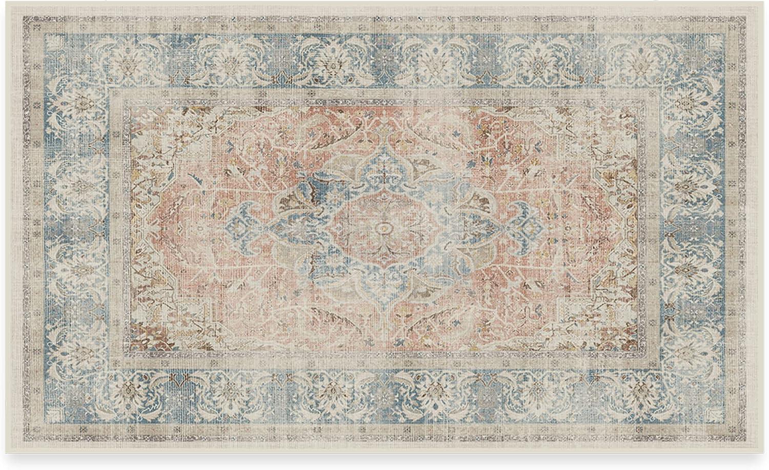 imageRUGGABLE Washable Vintage Area Rug Kamran Hazel 3x5 StainResistant NonSlip Small Machine Washable Rugs for Living Room Bedroom Hallway Entryway ampamp Officewith Standard PadCoral Sarrah Cushioned Pad