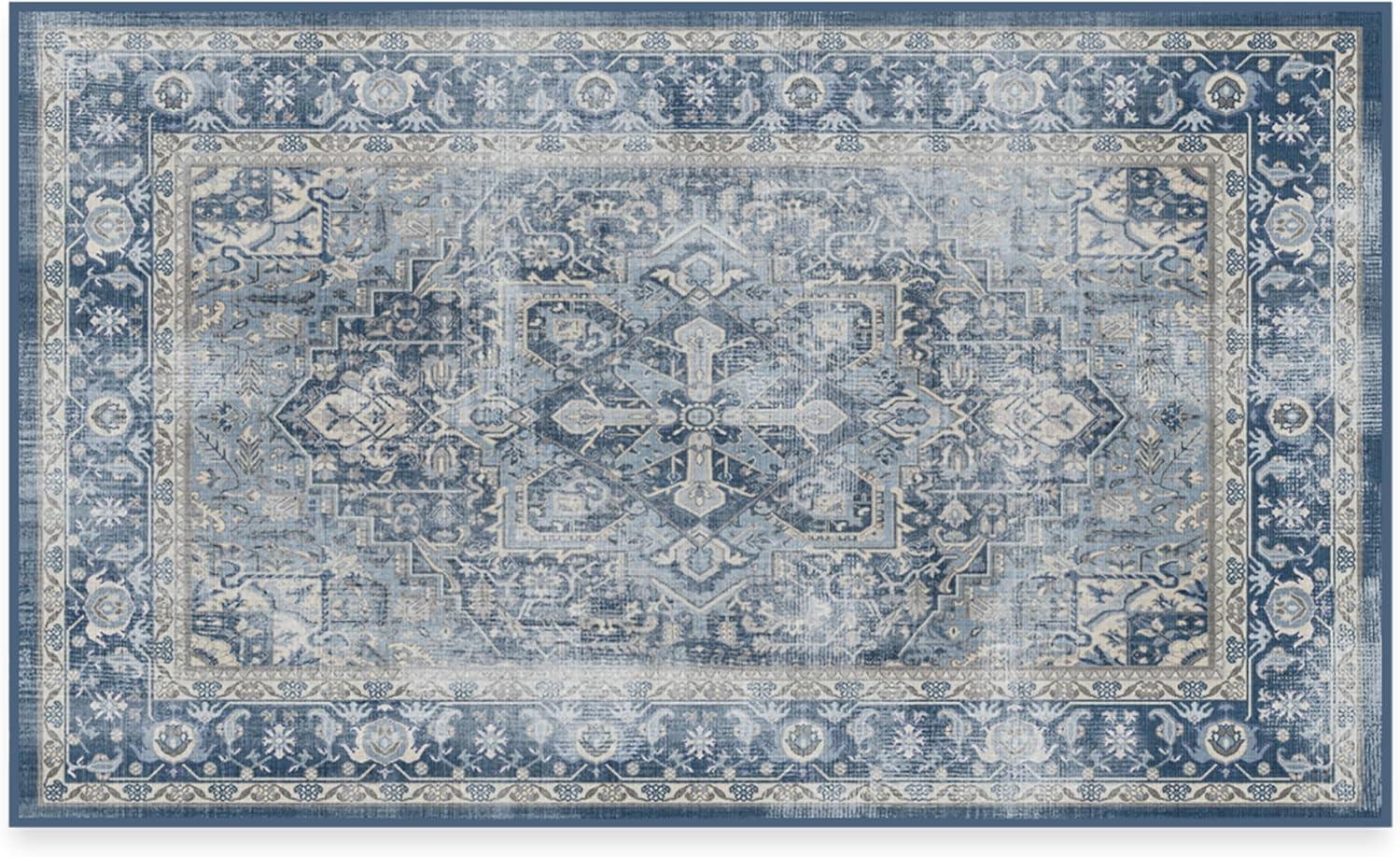 imageRUGGABLE Washable Vintage Area Rug Kamran Hazel 3x5 StainResistant NonSlip Small Machine Washable Rugs for Living Room Bedroom Hallway Entryway ampamp Officewith Standard PadBlue Admiral Kamran Cushioned Pad