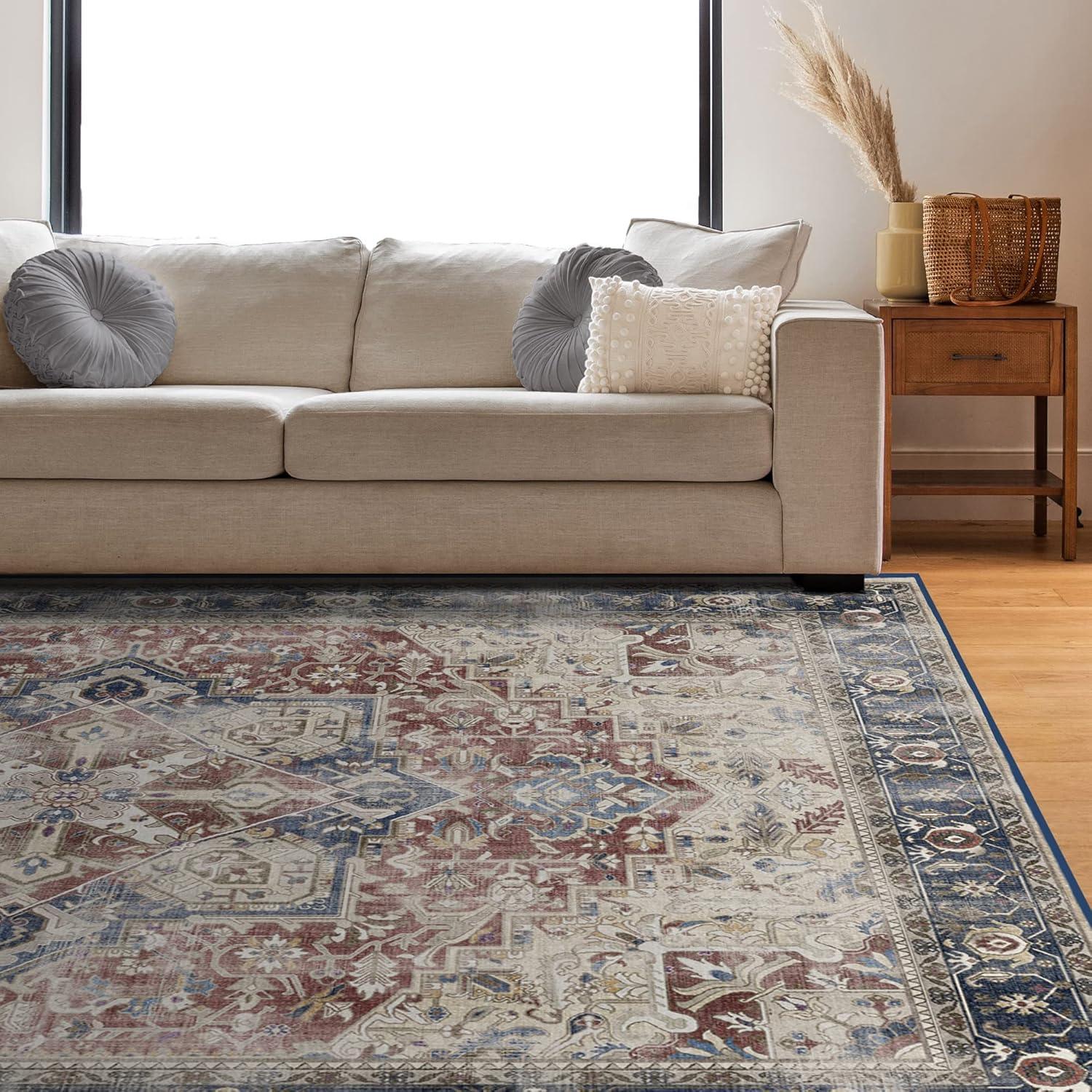 imageRUGGABLE Washable Vintage Area Rug Kamran Hazel 3x5 StainResistant NonSlip Small Machine Washable Rugs for Living Room Bedroom Hallway Entryway ampamp Officewith Standard PadBlue Royal Kamran Cushioned Pad