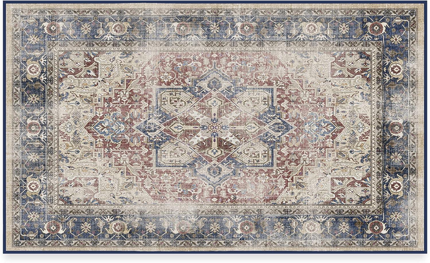 imageRUGGABLE Washable Vintage Area Rug Kamran Hazel 3x5 StainResistant NonSlip Small Machine Washable Rugs for Living Room Bedroom Hallway Entryway ampamp Officewith Standard PadBlue Royal Kamran Standard Pad