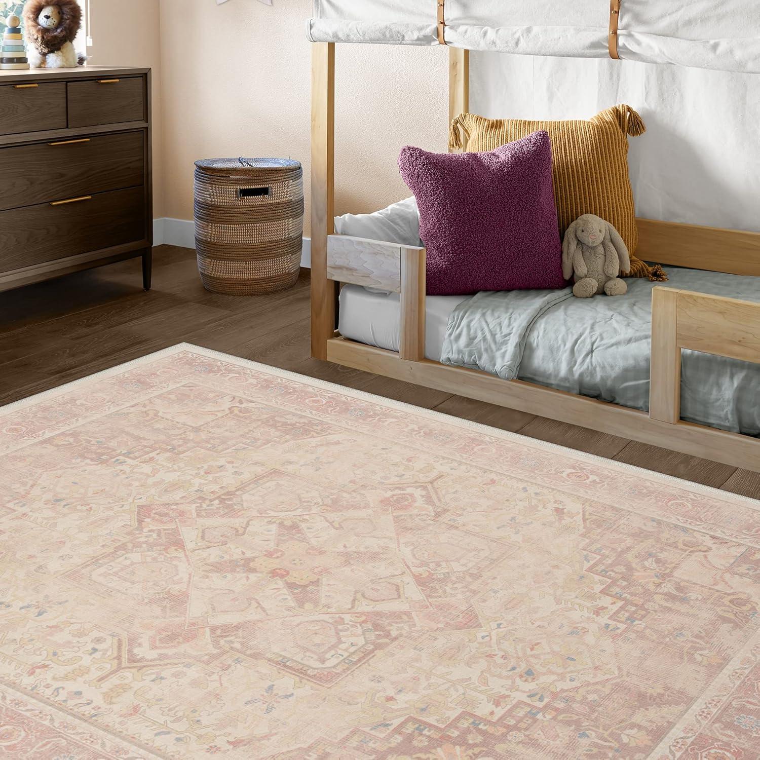 imageRUGGABLE Washable Vintage Area Rug Kamran Hazel 3x5 StainResistant NonSlip Small Machine Washable Rugs for Living Room Bedroom Hallway Entryway ampamp Officewith Standard PadPink Kamran Standard Pad