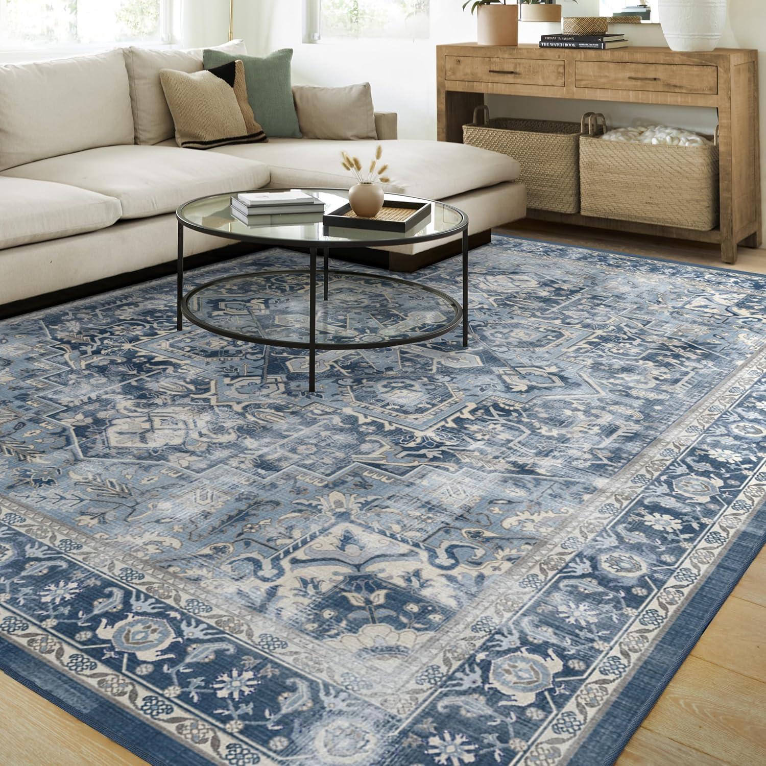 imageRUGGABLE Washable Vintage Area Rug Kamran Hazel 3x5 StainResistant NonSlip Small Machine Washable Rugs for Living Room Bedroom Hallway Entryway ampamp Officewith Standard PadBlue Admiral Kamran Standard Pad