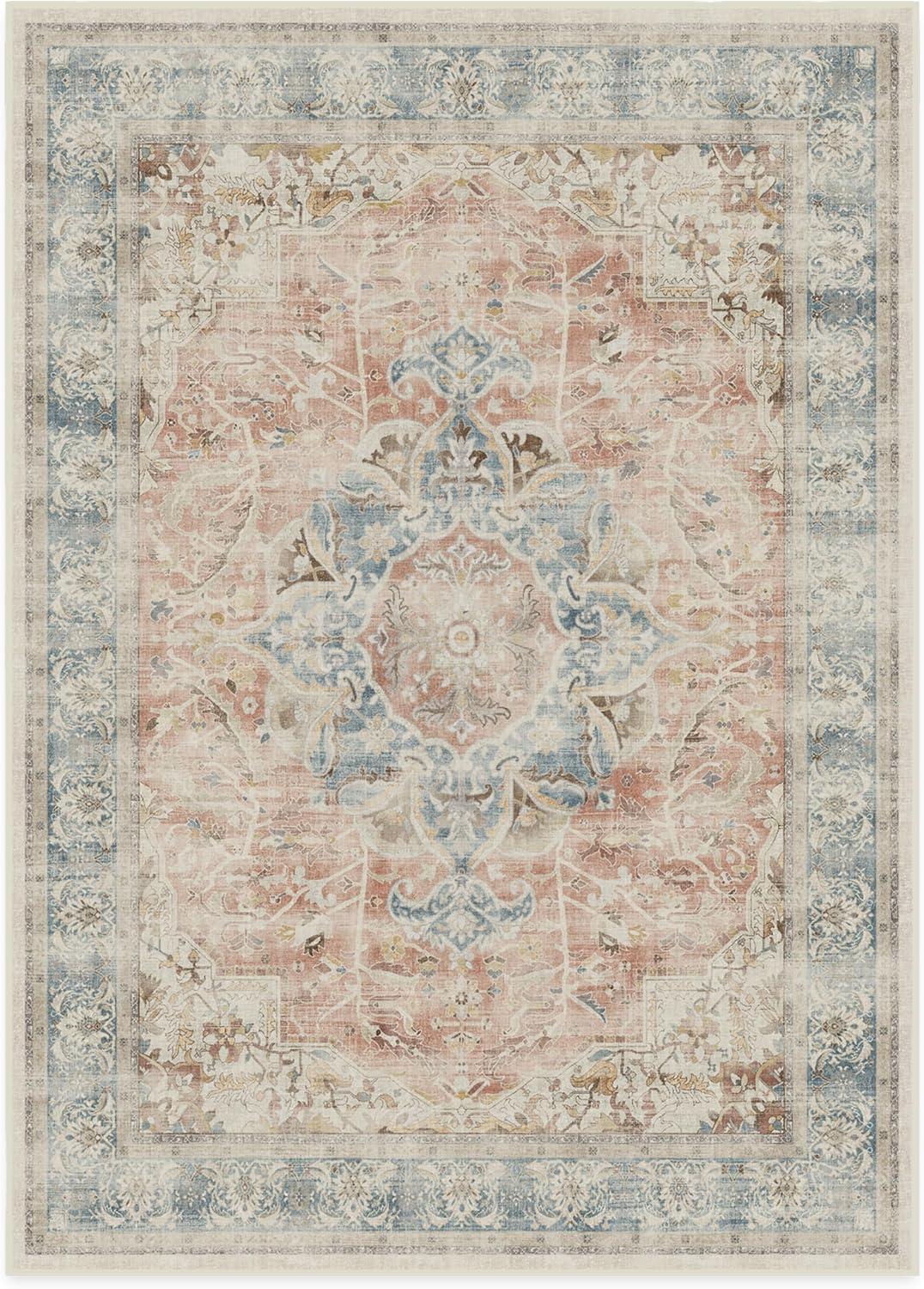 imageRUGGABLE Washable Vintage Area Rug Kamran Hazel 3x5 StainResistant NonSlip Small Machine Washable Rugs for Living Room Bedroom Hallway Entryway ampamp Officewith Standard PadCoral Sarrah Cushioned Pad