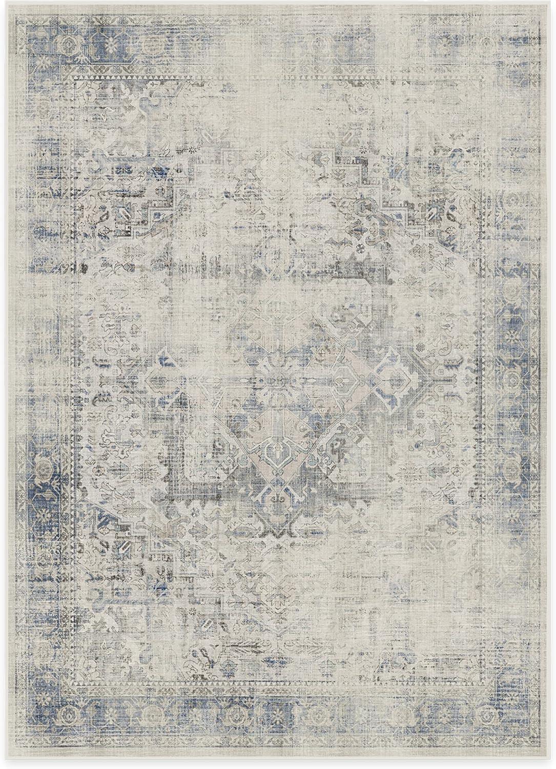 imageRUGGABLE Washable Vintage Area Rug Kamran Hazel 3x5 StainResistant NonSlip Small Machine Washable Rugs for Living Room Bedroom Hallway Entryway ampamp Officewith Standard PadBlue Quartz Distressed Kamran Standard Pad