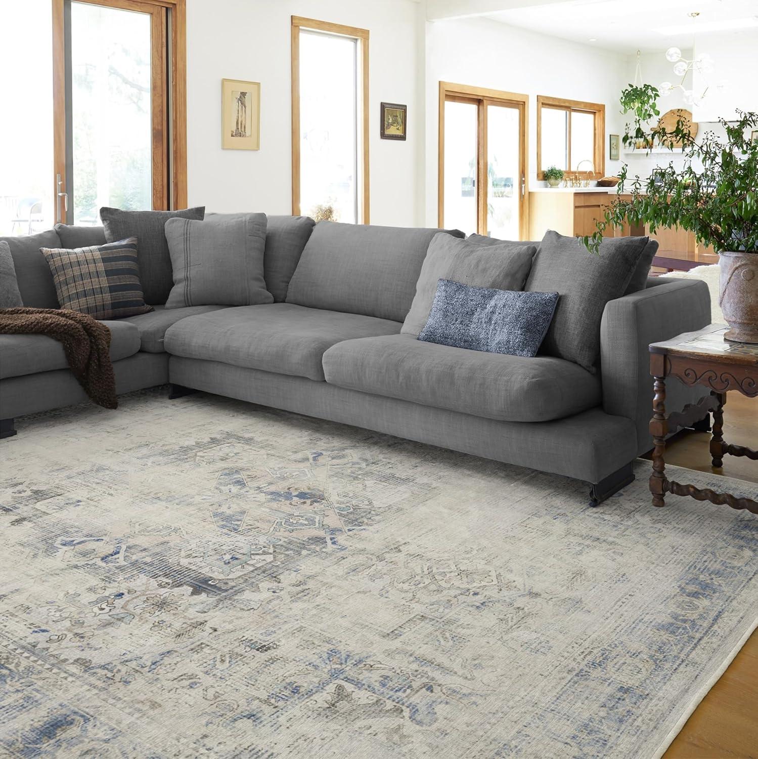 imageRUGGABLE Washable Vintage Area Rug Kamran Hazel 3x5 StainResistant NonSlip Small Machine Washable Rugs for Living Room Bedroom Hallway Entryway ampamp Officewith Standard PadBlue Quartz Distressed Kamran Cushioned Pad