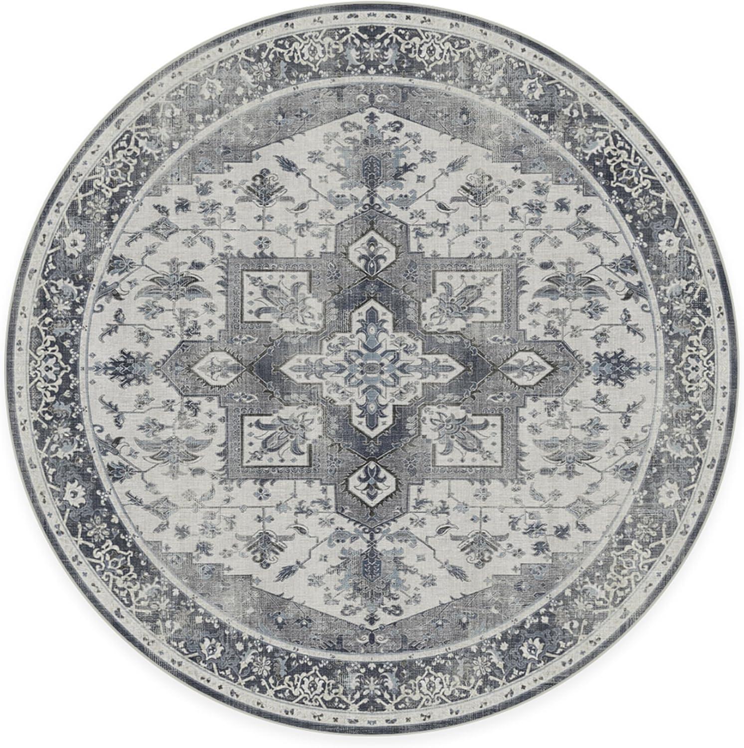 imageRUGGABLE Washable Vintage Area Rug Kira Stone Blue 8 ft Round StainResistant NonSlip Large Machine Washable Rugs for Living Room Bedroom Hallway Entryway ampamp Officewith Standard PadStone Blue Standard Pad