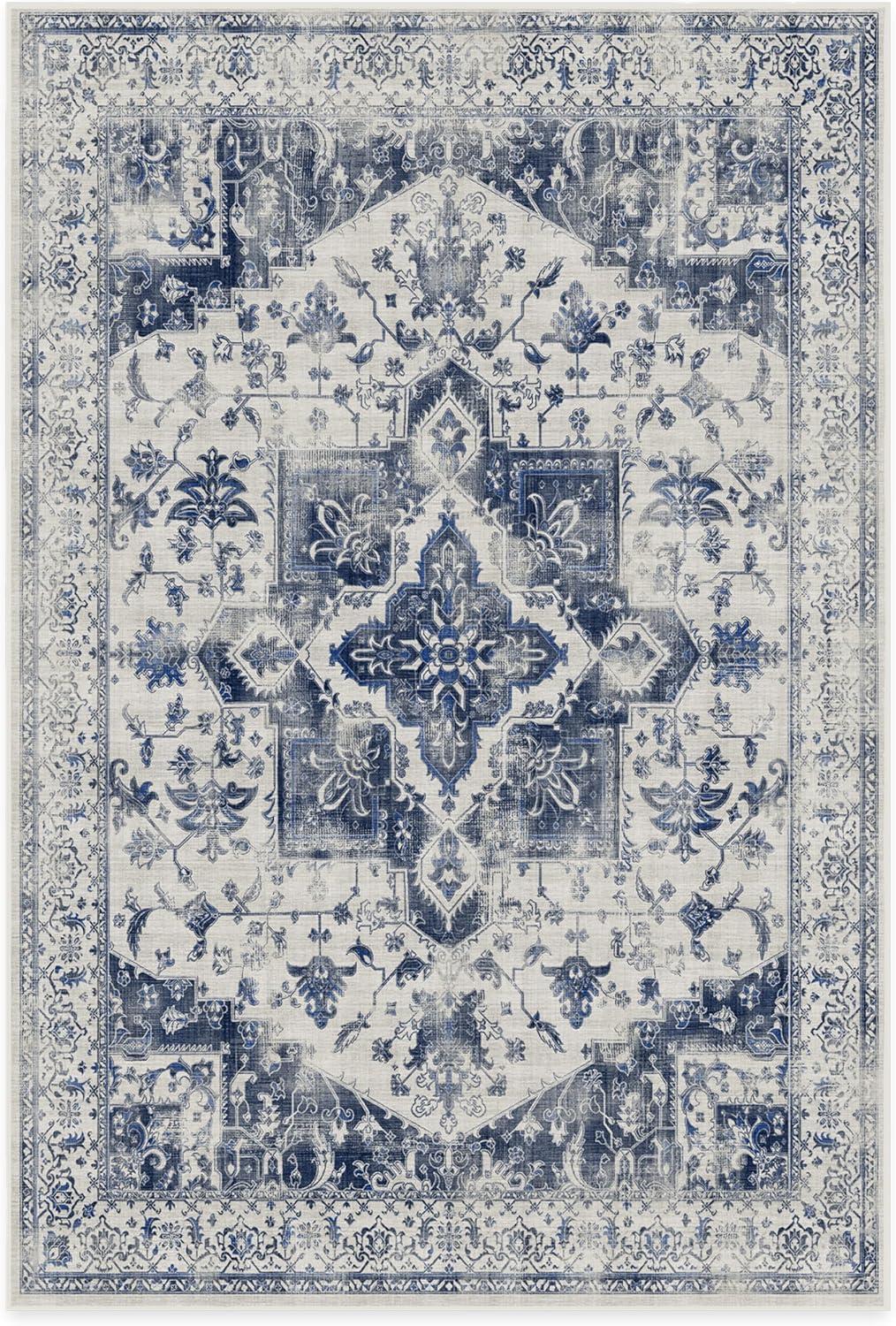 imageRUGGABLE Washable Vintage Area Rug Kira Stone Blue 8 ft Round StainResistant NonSlip Large Machine Washable Rugs for Living Room Bedroom Hallway Entryway ampamp Officewith Standard PadDelft Blue Cushioned Pad