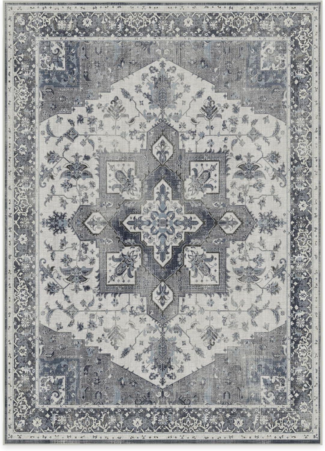 imageRUGGABLE Washable Vintage Area Rug Kira Stone Blue 8 ft Round StainResistant NonSlip Large Machine Washable Rugs for Living Room Bedroom Hallway Entryway ampamp Officewith Standard PadStone Blue Standard Pad