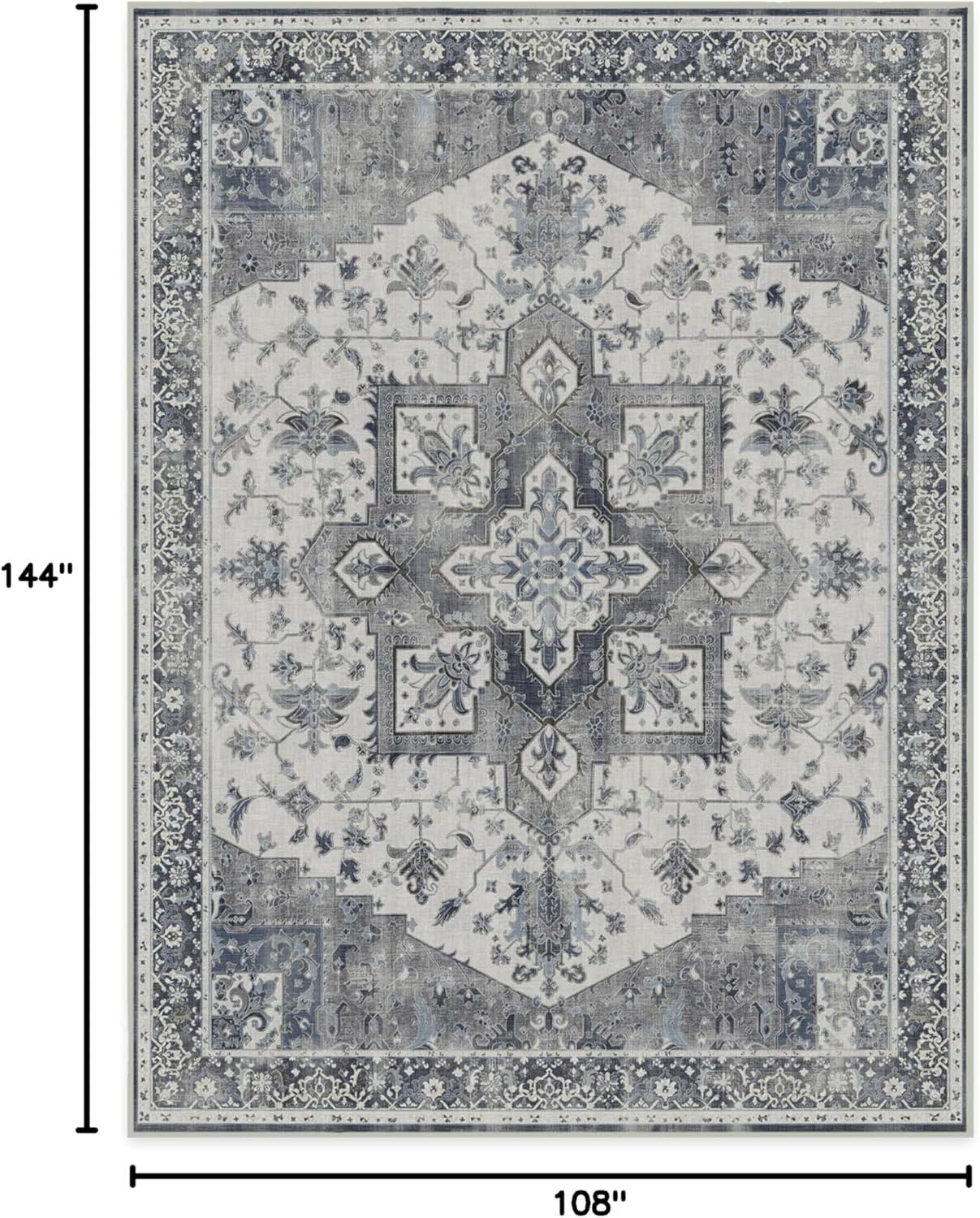 imageRUGGABLE Washable Vintage Area Rug Kira Stone Blue 8 ft Round StainResistant NonSlip Large Machine Washable Rugs for Living Room Bedroom Hallway Entryway ampamp Officewith Standard PadStone Blue Standard Pad