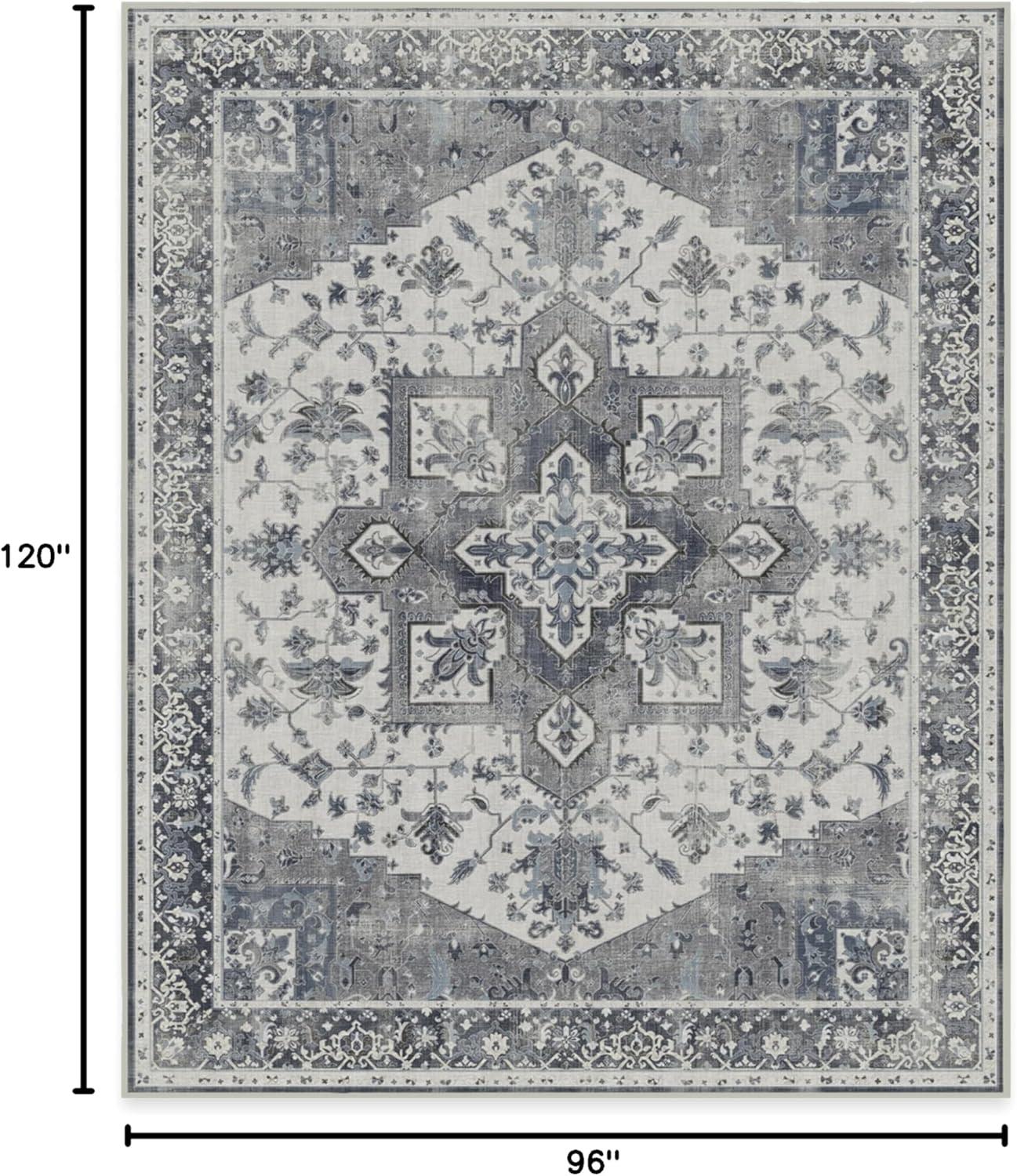 imageRUGGABLE Washable Vintage Area Rug Kira Stone Blue 8 ft Round StainResistant NonSlip Large Machine Washable Rugs for Living Room Bedroom Hallway Entryway ampamp Officewith Standard PadStone Blue Standard Pad