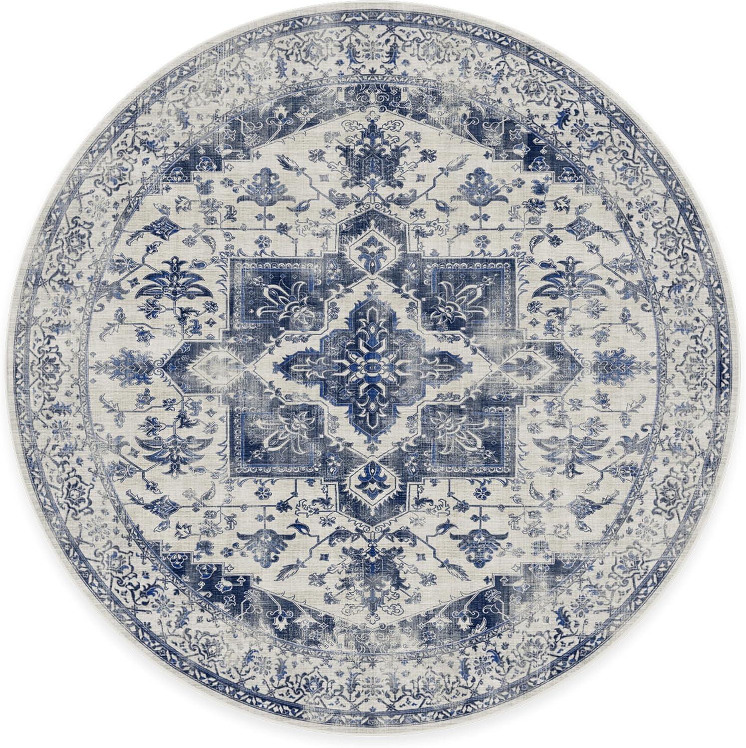 imageRUGGABLE Washable Vintage Area Rug Kira Stone Blue 8 ft Round StainResistant NonSlip Large Machine Washable Rugs for Living Room Bedroom Hallway Entryway ampamp Officewith Standard PadDelft Blue Cushioned Pad