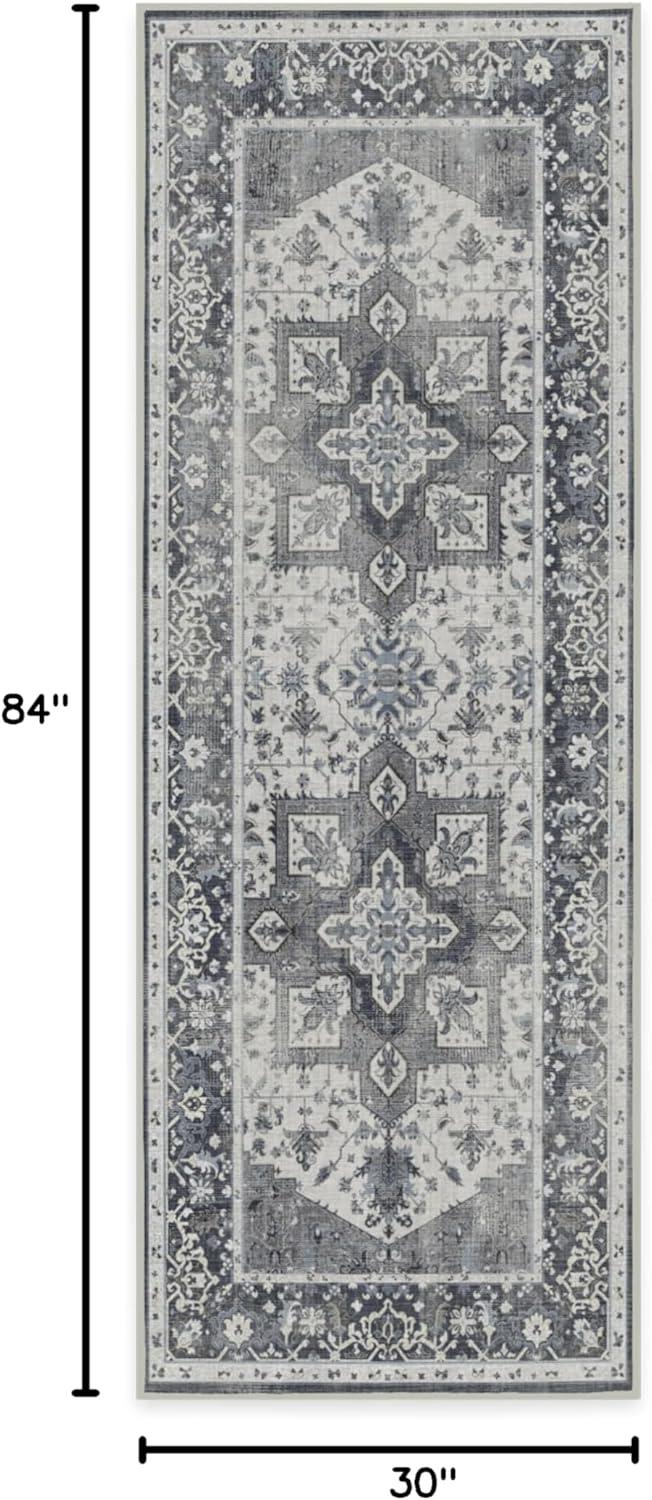 imageRUGGABLE Washable Vintage Area Rug Kira Stone Blue 8 ft Round StainResistant NonSlip Large Machine Washable Rugs for Living Room Bedroom Hallway Entryway ampamp Officewith Standard PadStone Blue Standard Pad