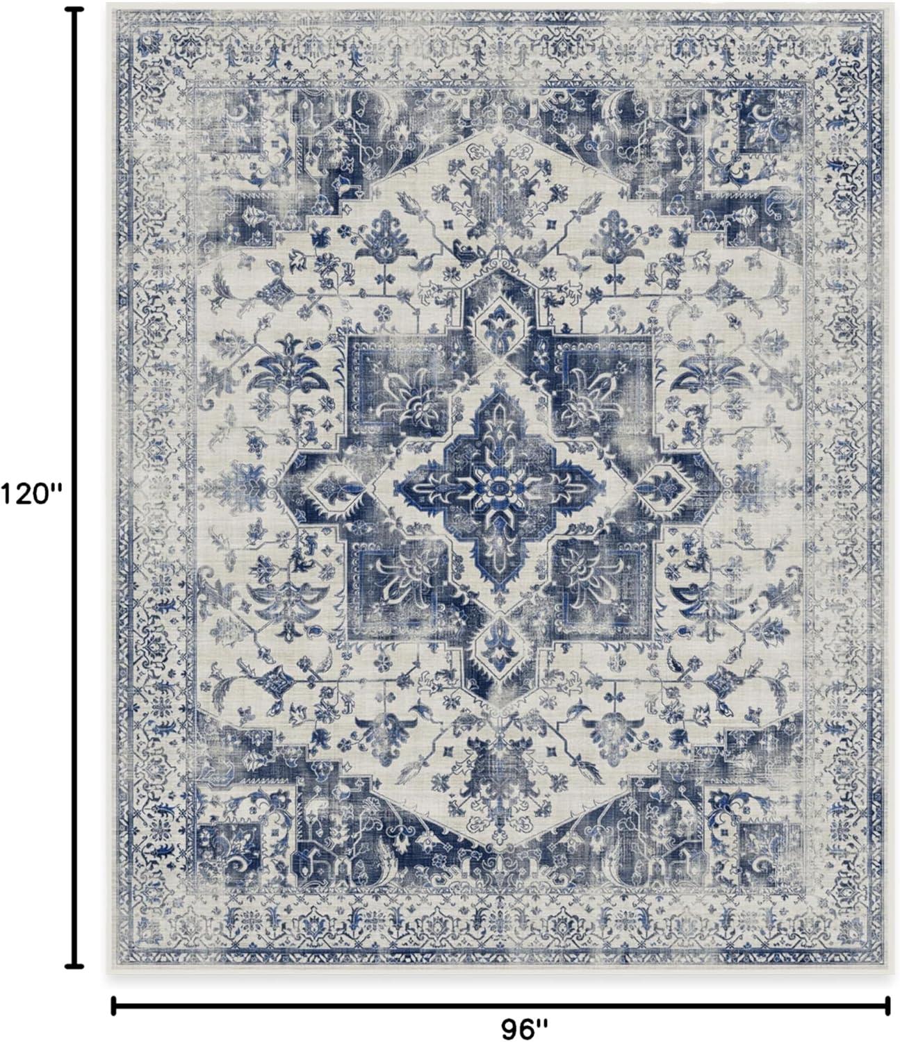 imageRUGGABLE Washable Vintage Area Rug Kira Stone Blue 8 ft Round StainResistant NonSlip Large Machine Washable Rugs for Living Room Bedroom Hallway Entryway ampamp Officewith Standard PadDelft Blue Cushioned Pad