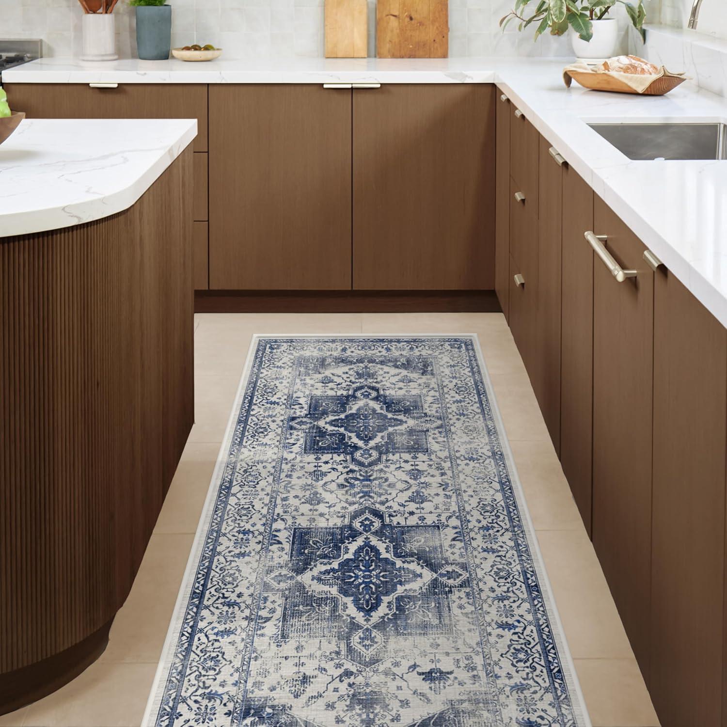 imageRUGGABLE Washable Vintage Area Rug Kira Stone Blue 8 ft Round StainResistant NonSlip Large Machine Washable Rugs for Living Room Bedroom Hallway Entryway ampamp Officewith Standard PadDelft Blue Cushioned Pad