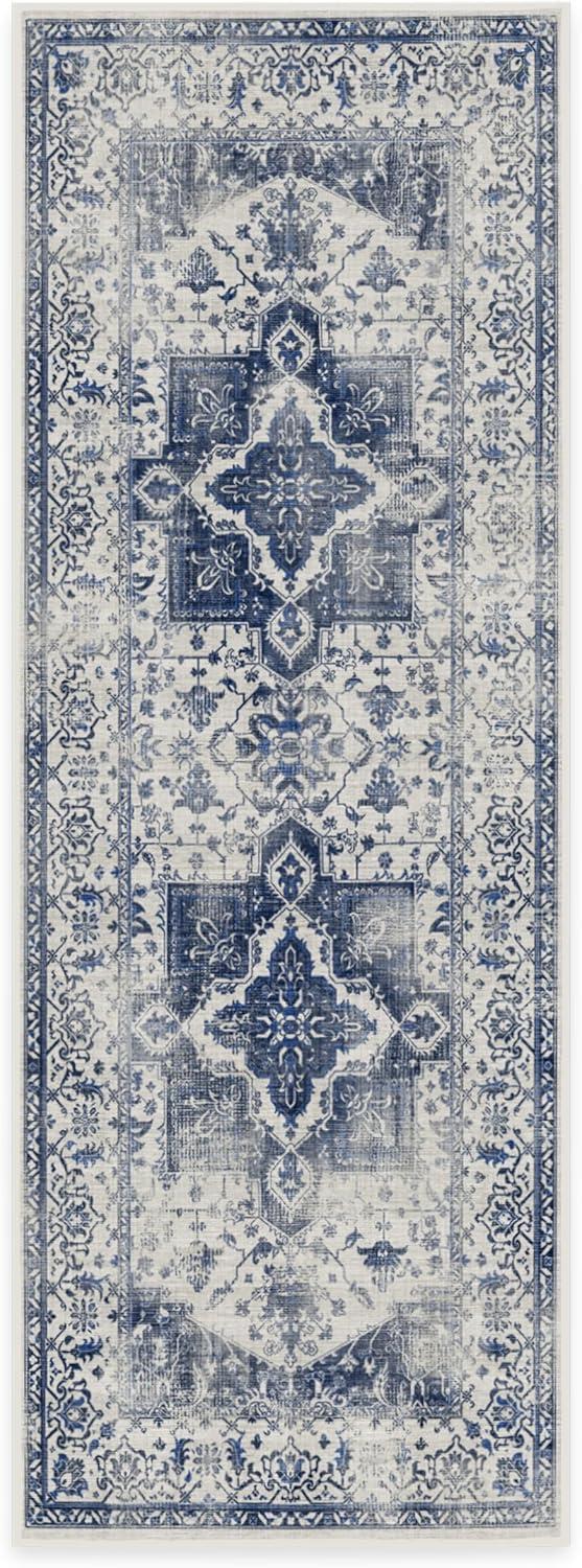 imageRUGGABLE Washable Vintage Area Rug Kira Stone Blue 8 ft Round StainResistant NonSlip Large Machine Washable Rugs for Living Room Bedroom Hallway Entryway ampamp Officewith Standard PadDelft Blue Cushioned Pad