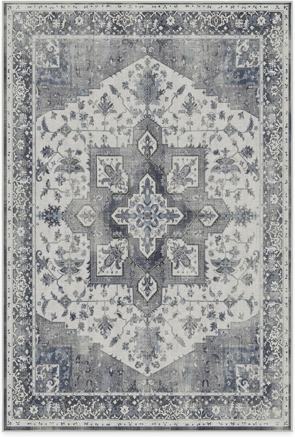 imageRUGGABLE Washable Vintage Area Rug Kira Stone Blue 8 ft Round StainResistant NonSlip Large Machine Washable Rugs for Living Room Bedroom Hallway Entryway ampamp Officewith Standard PadStone Blue Standard Pad