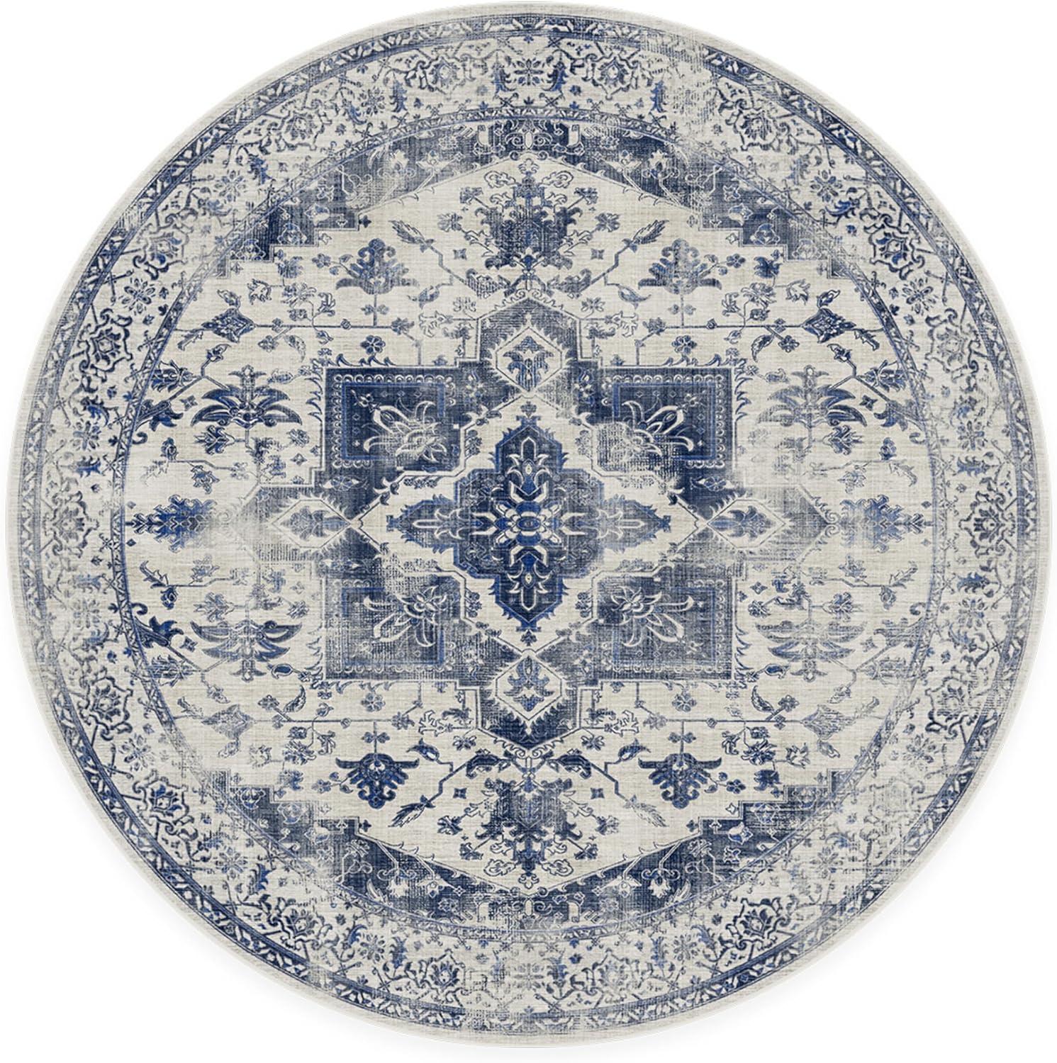 imageRUGGABLE Washable Vintage Area Rug Kira Stone Blue 8 ft Round StainResistant NonSlip Large Machine Washable Rugs for Living Room Bedroom Hallway Entryway ampamp Officewith Standard PadDelft Blue Cushioned Pad