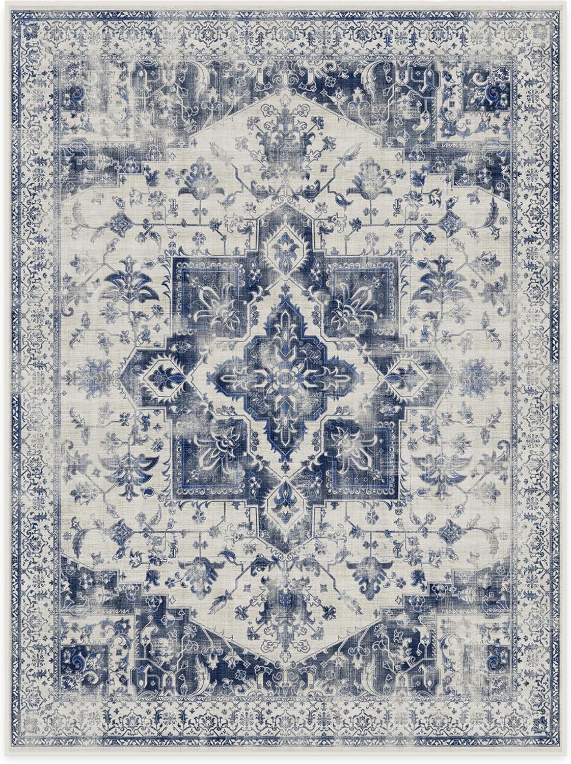 imageRUGGABLE Washable Vintage Area Rug Kira Stone Blue 8 ft Round StainResistant NonSlip Large Machine Washable Rugs for Living Room Bedroom Hallway Entryway ampamp Officewith Standard PadDelft Blue Cushioned Pad
