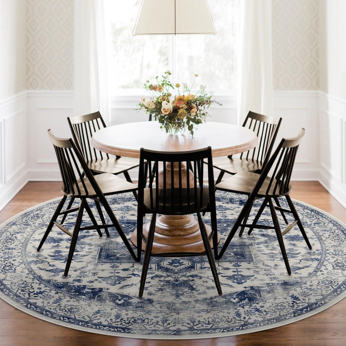 imageRUGGABLE Washable Vintage Area Rug Kira Stone Blue 8 ft Round StainResistant NonSlip Large Machine Washable Rugs for Living Room Bedroom Hallway Entryway ampamp Officewith Standard PadDelft Blue Cushioned Pad