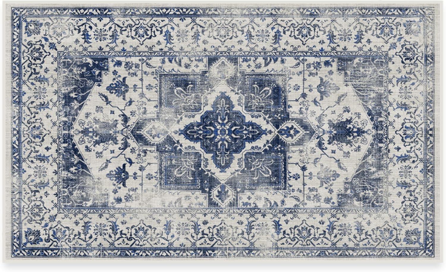 imageRUGGABLE Washable Vintage Area Rug Kira Stone Blue 8 ft Round StainResistant NonSlip Large Machine Washable Rugs for Living Room Bedroom Hallway Entryway ampamp Officewith Standard PadDelft Blue Cushioned Pad