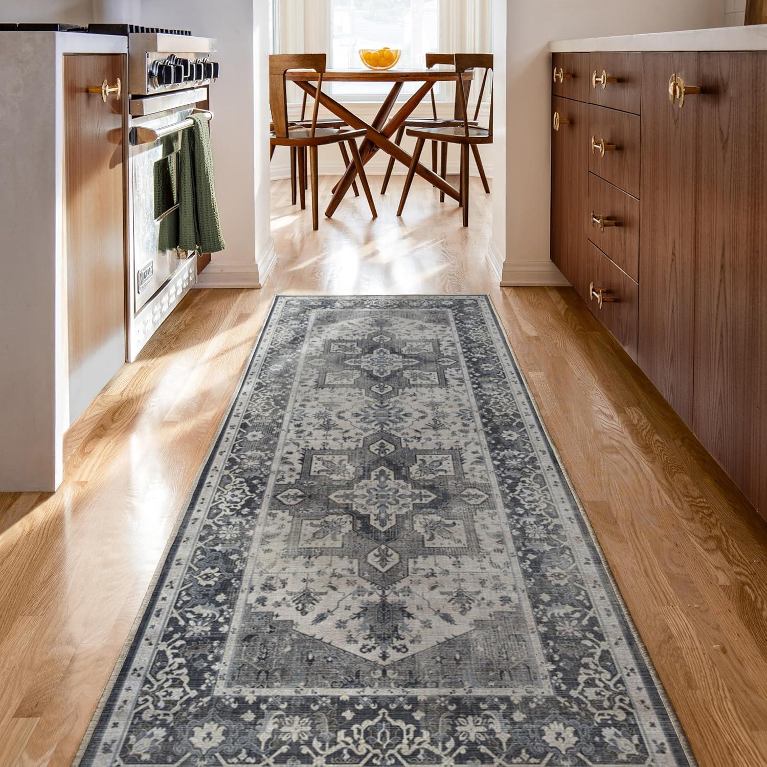 imageRUGGABLE Washable Vintage Area Rug Kira Stone Blue 8 ft Round StainResistant NonSlip Large Machine Washable Rugs for Living Room Bedroom Hallway Entryway ampamp Officewith Standard PadStone Blue Standard Pad