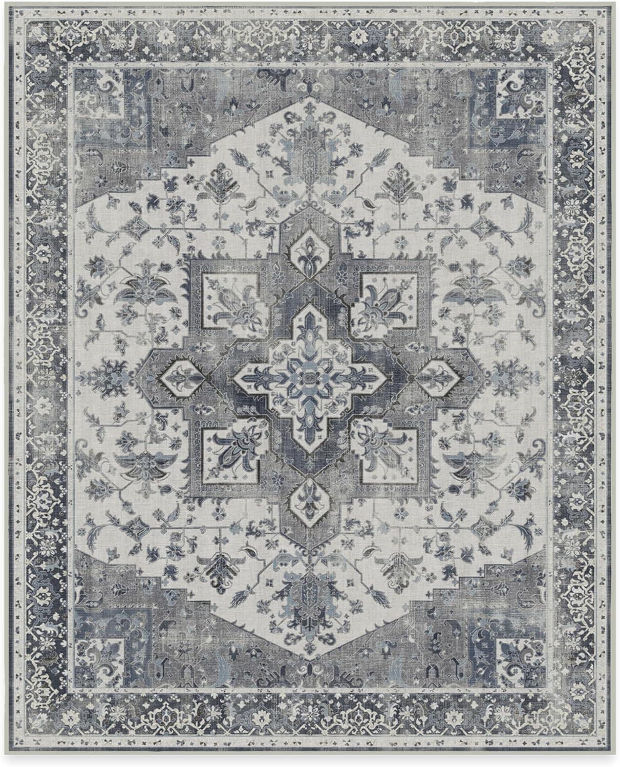 imageRUGGABLE Washable Vintage Area Rug Kira Stone Blue 8 ft Round StainResistant NonSlip Large Machine Washable Rugs for Living Room Bedroom Hallway Entryway ampamp Officewith Standard PadStone Blue Standard Pad