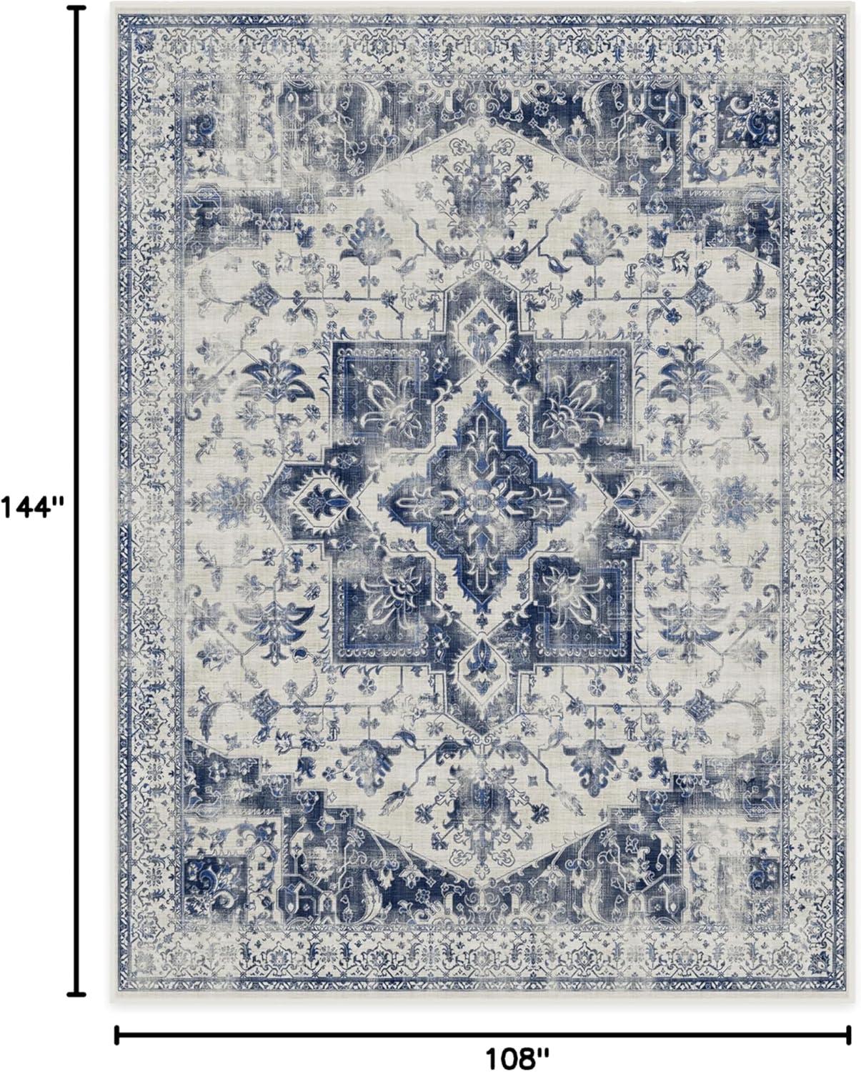 imageRUGGABLE Washable Vintage Area Rug Kira Stone Blue 8 ft Round StainResistant NonSlip Large Machine Washable Rugs for Living Room Bedroom Hallway Entryway ampamp Officewith Standard PadDelft Blue Cushioned Pad