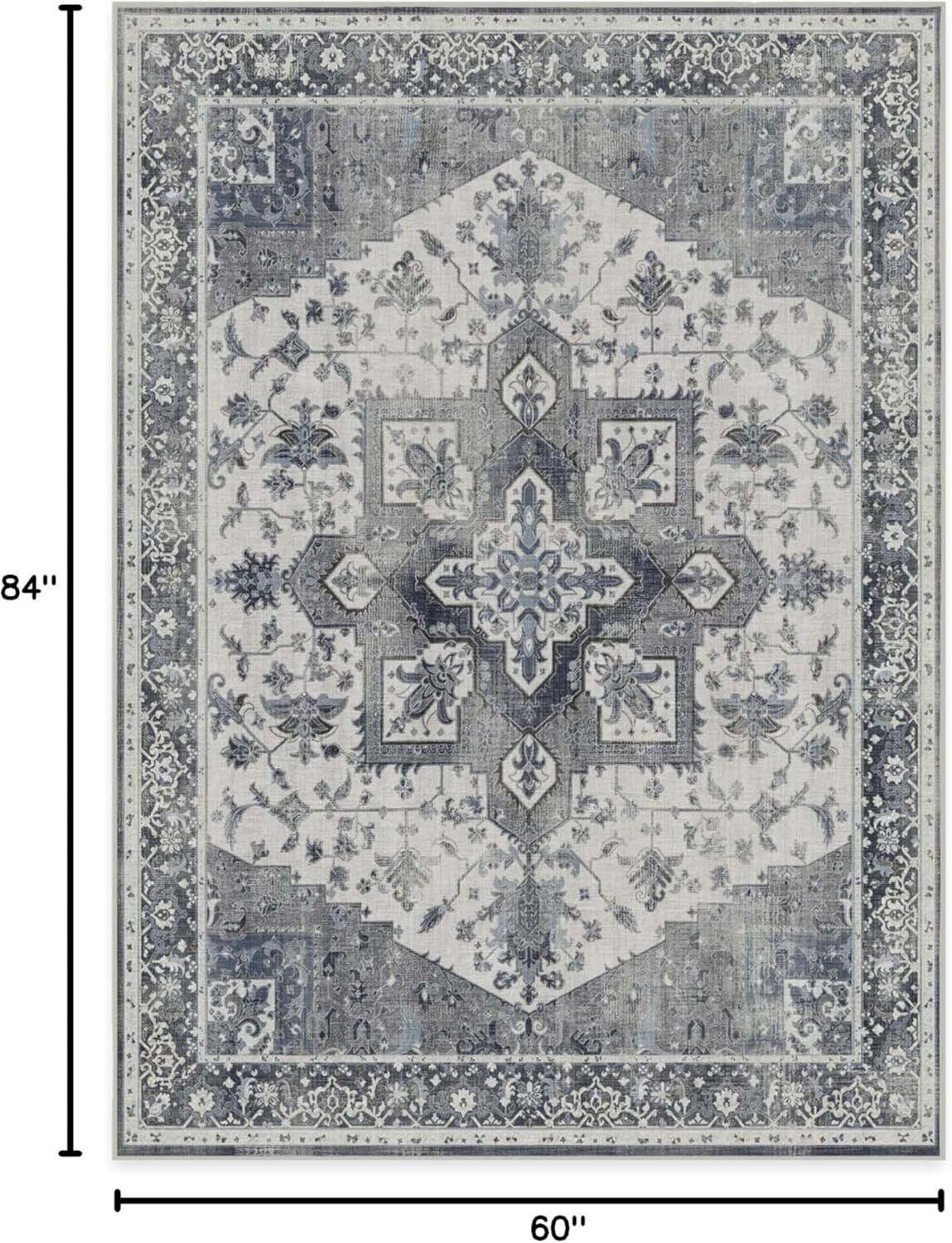 imageRUGGABLE Washable Vintage Area Rug Kira Stone Blue 8 ft Round StainResistant NonSlip Large Machine Washable Rugs for Living Room Bedroom Hallway Entryway ampamp Officewith Standard PadStone Blue Standard Pad