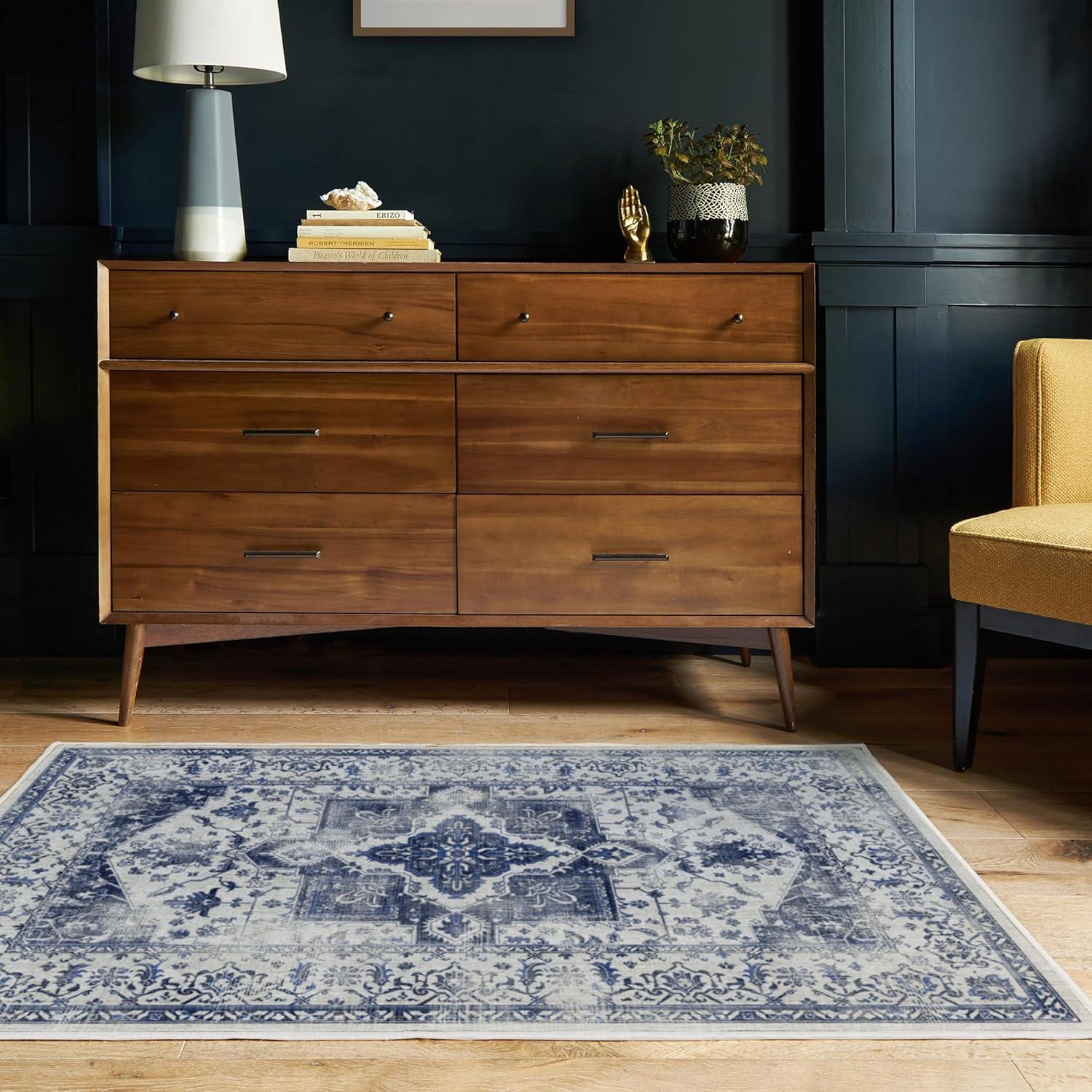 imageRUGGABLE Washable Vintage Area Rug Kira Stone Blue 8 ft Round StainResistant NonSlip Large Machine Washable Rugs for Living Room Bedroom Hallway Entryway ampamp Officewith Standard PadDelft Blue Cushioned Pad