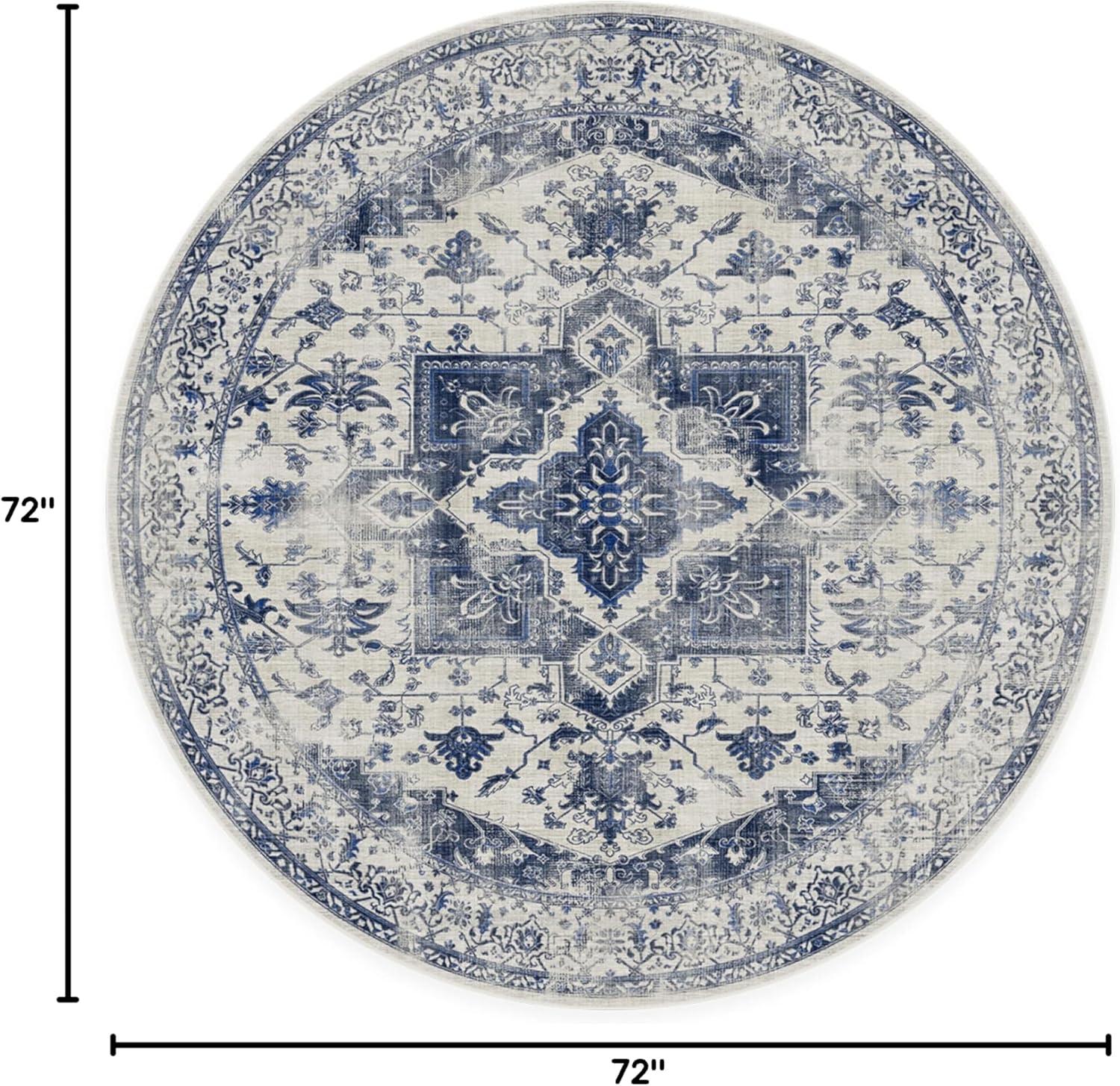imageRUGGABLE Washable Vintage Area Rug Kira Stone Blue 8 ft Round StainResistant NonSlip Large Machine Washable Rugs for Living Room Bedroom Hallway Entryway ampamp Officewith Standard PadDelft Blue Cushioned Pad