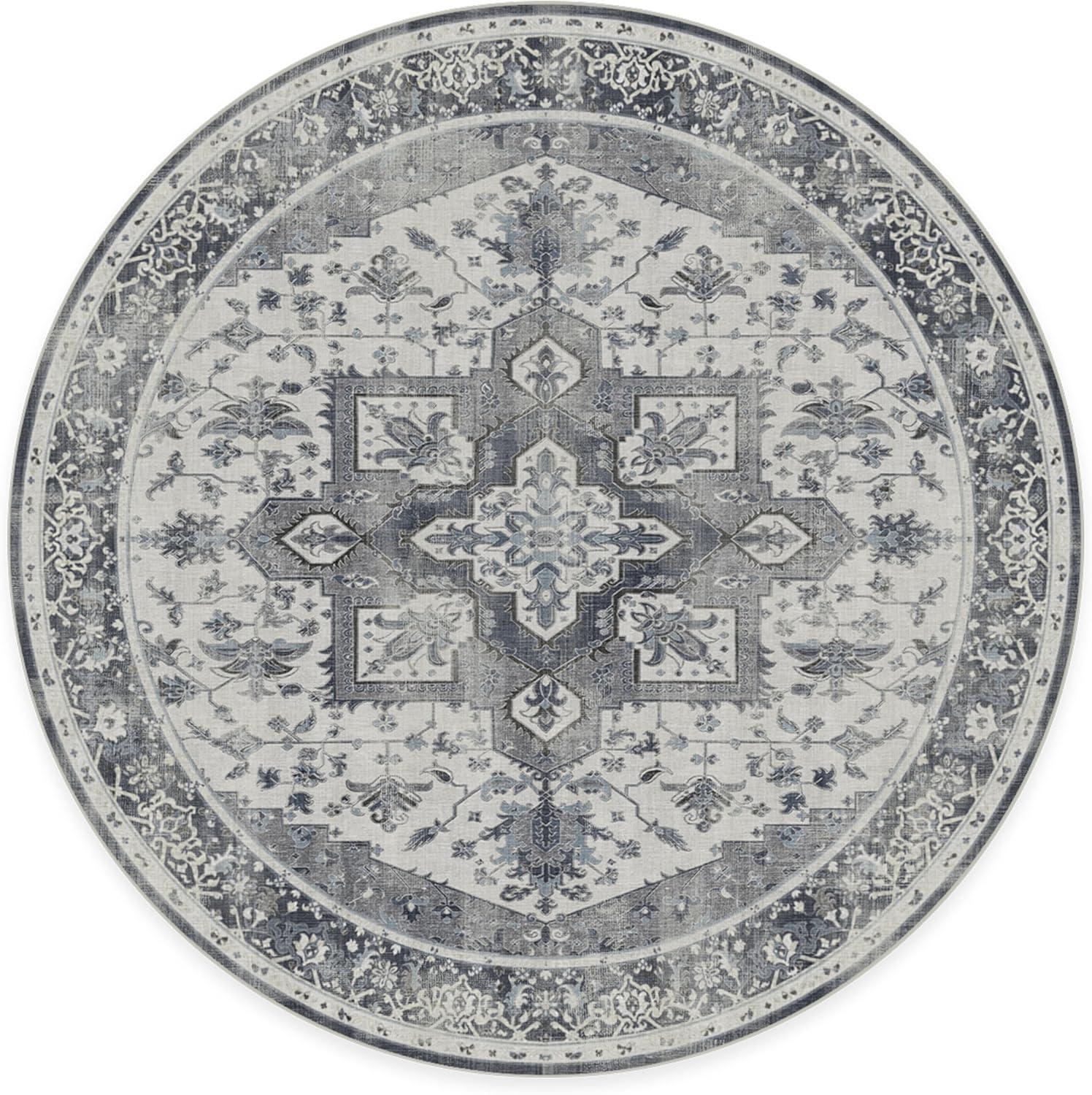 imageRUGGABLE Washable Vintage Area Rug Kira Stone Blue 8 ft Round StainResistant NonSlip Large Machine Washable Rugs for Living Room Bedroom Hallway Entryway ampamp Officewith Standard PadStone Blue Standard Pad