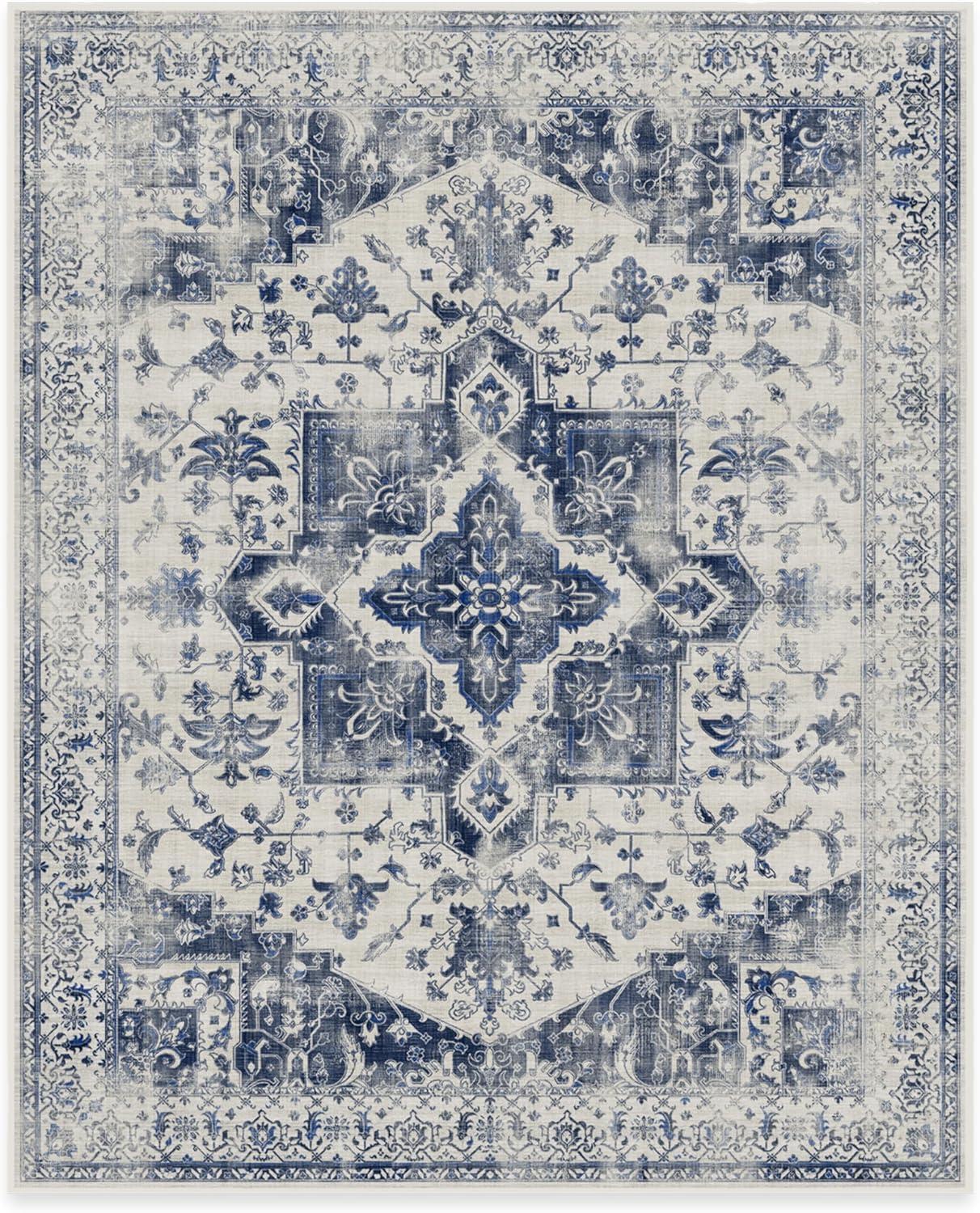 imageRUGGABLE Washable Vintage Area Rug Kira Stone Blue 8 ft Round StainResistant NonSlip Large Machine Washable Rugs for Living Room Bedroom Hallway Entryway ampamp Officewith Standard PadDelft Blue Cushioned Pad
