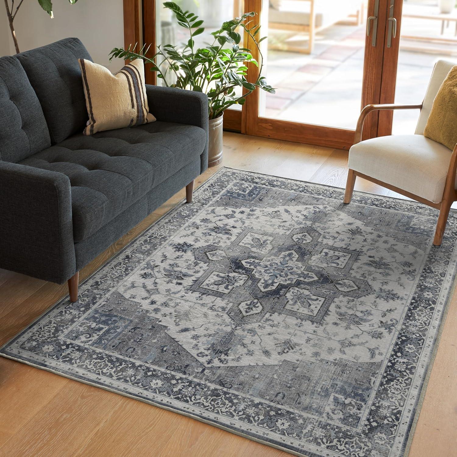 imageRUGGABLE Washable Vintage Area Rug Kira Stone Blue 8 ft Round StainResistant NonSlip Large Machine Washable Rugs for Living Room Bedroom Hallway Entryway ampamp Officewith Standard PadStone Blue Standard Pad