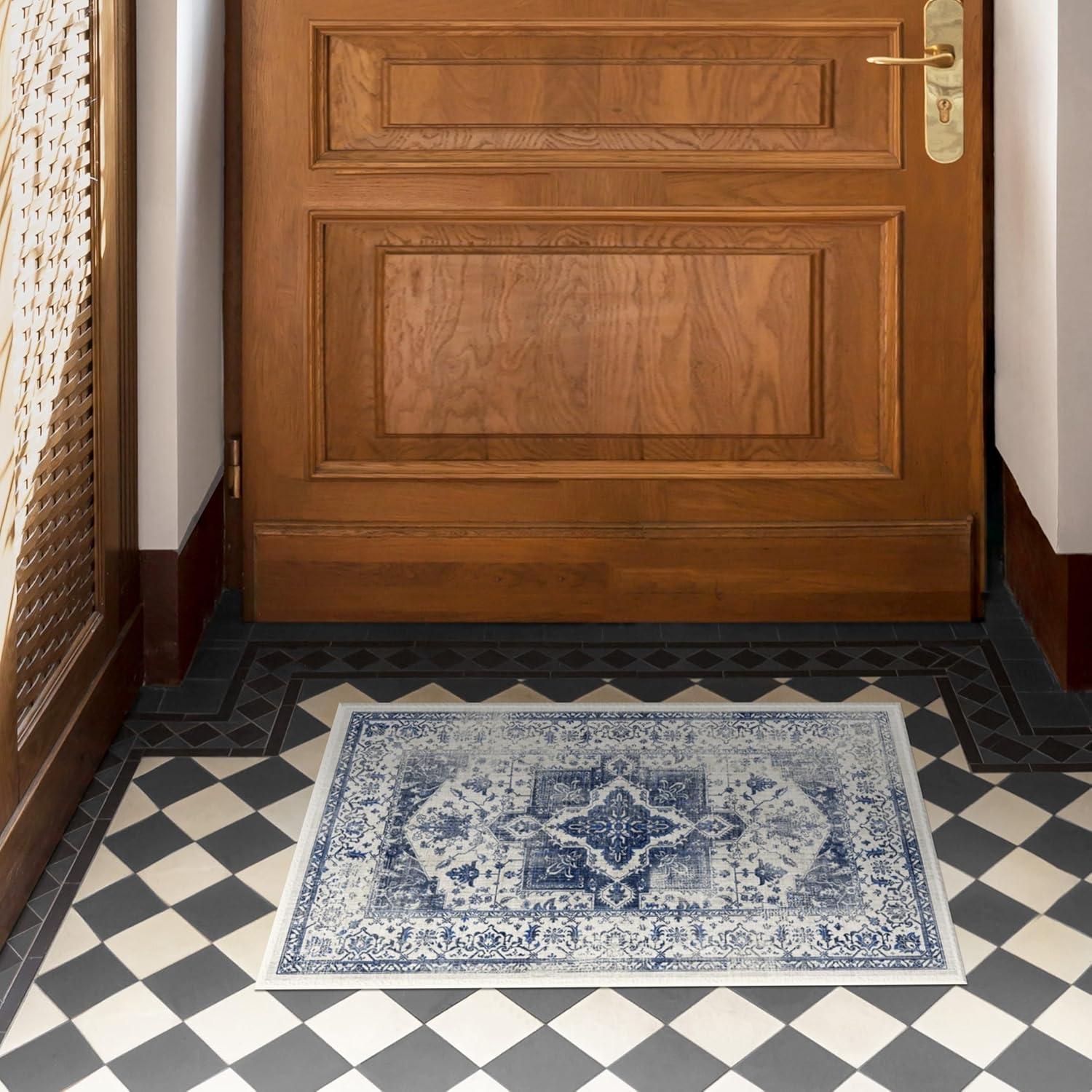 imageRUGGABLE Washable Vintage Area Rug Kira Stone Blue 8 ft Round StainResistant NonSlip Large Machine Washable Rugs for Living Room Bedroom Hallway Entryway ampamp Officewith Standard PadDelft Blue Cushioned Pad