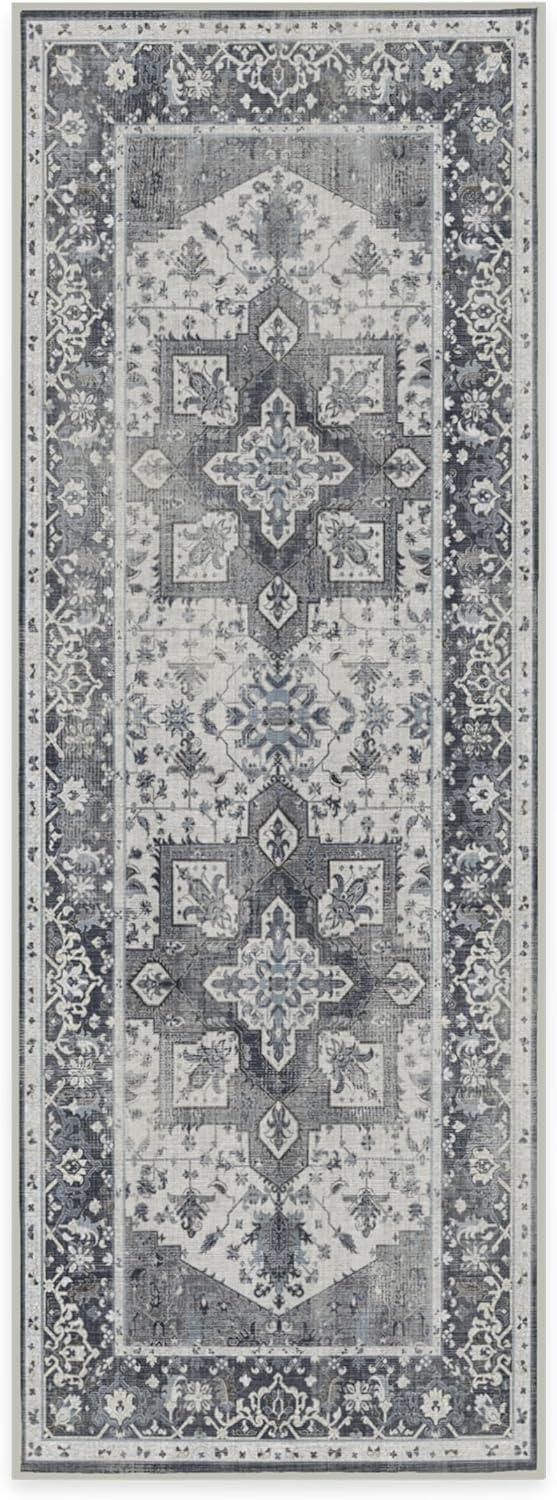 imageRUGGABLE Washable Vintage Area Rug Kira Stone Blue 8 ft Round StainResistant NonSlip Large Machine Washable Rugs for Living Room Bedroom Hallway Entryway ampamp Officewith Standard PadStone Blue Standard Pad